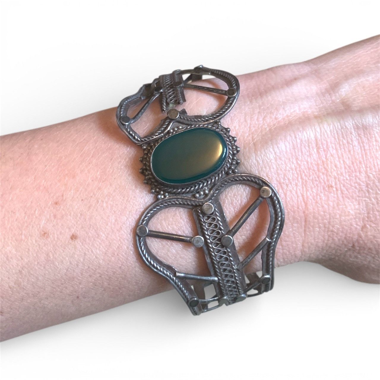 Vintage VTG Sterling Silver Agate Cuff Bracelet Size ONE SIZE - 2 Thumbnail