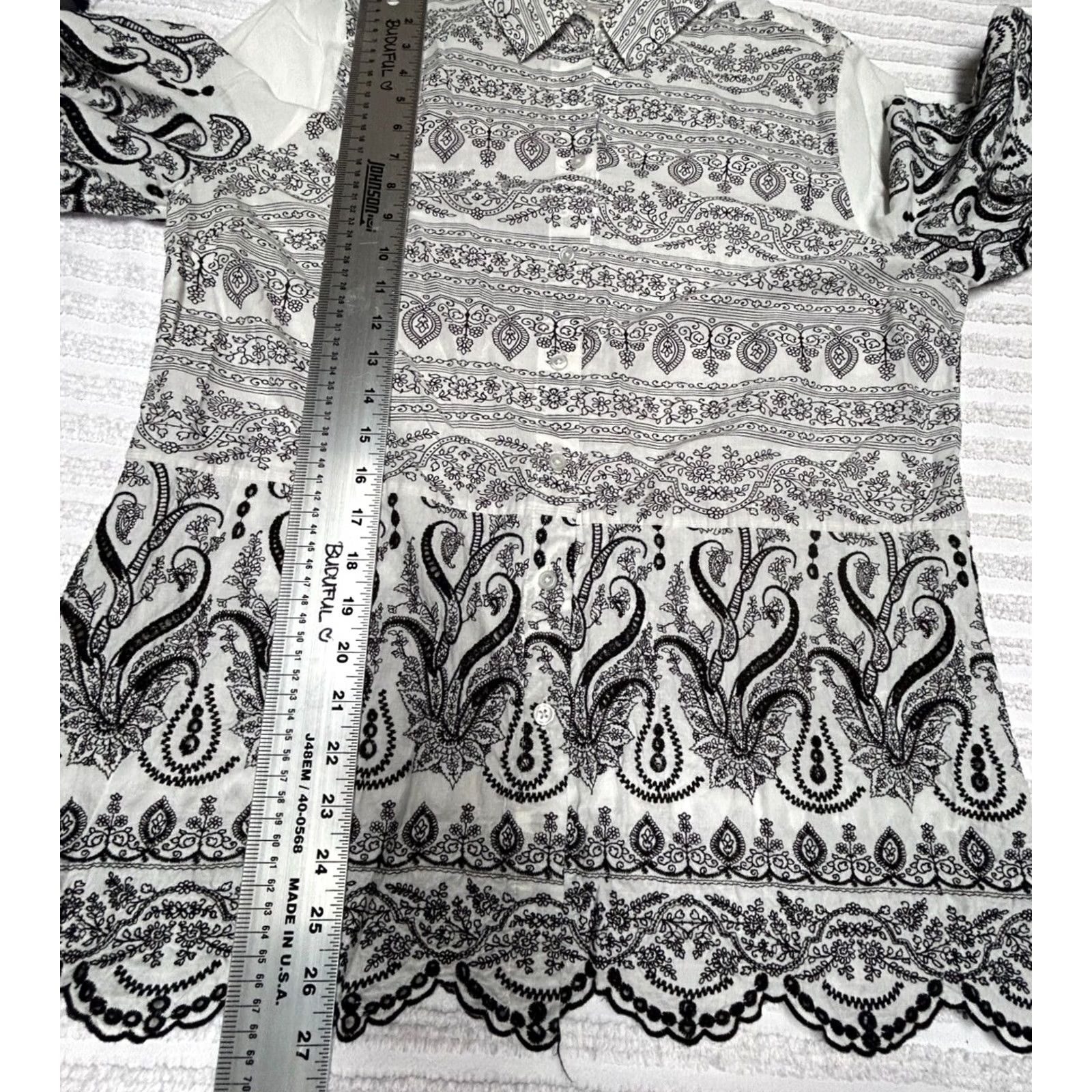 Vintage Chico's Womens White Black Paisley Eyelet Shirt 3/4 Sleeve Top Size 2P US 12/14P Size XS / US 0-2 / IT 36-38 - 7 Thumbnail