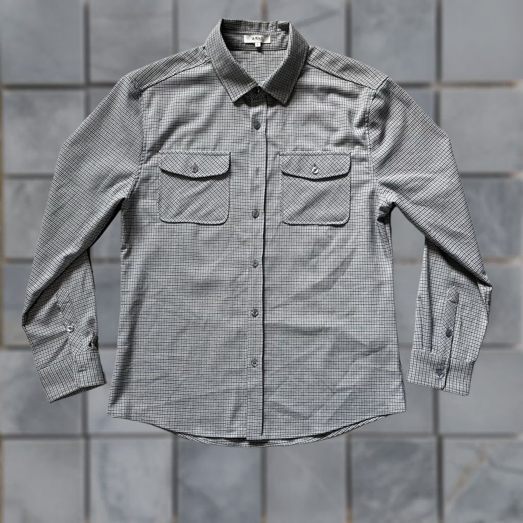 Vintage ARNE Shirt Large Black Gray Mens Button Up Herringbone Stretch Fit Modern Preppy Size US L / EU 52-54 / 3 - 1 Thumbnail