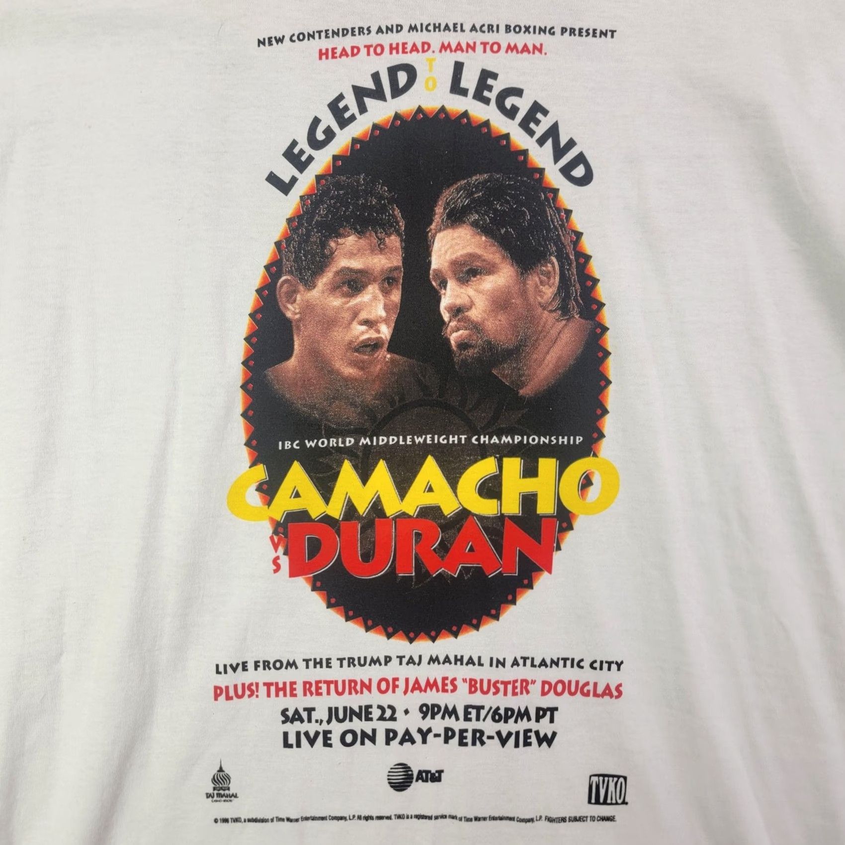 Fruit Of The Loom VINTAGE Camacho VS Duran Shirt Mens XL White legend to legend Boxing PPV 1996 Size US XL / EU 56 / 4 - 2 Thumbnail
