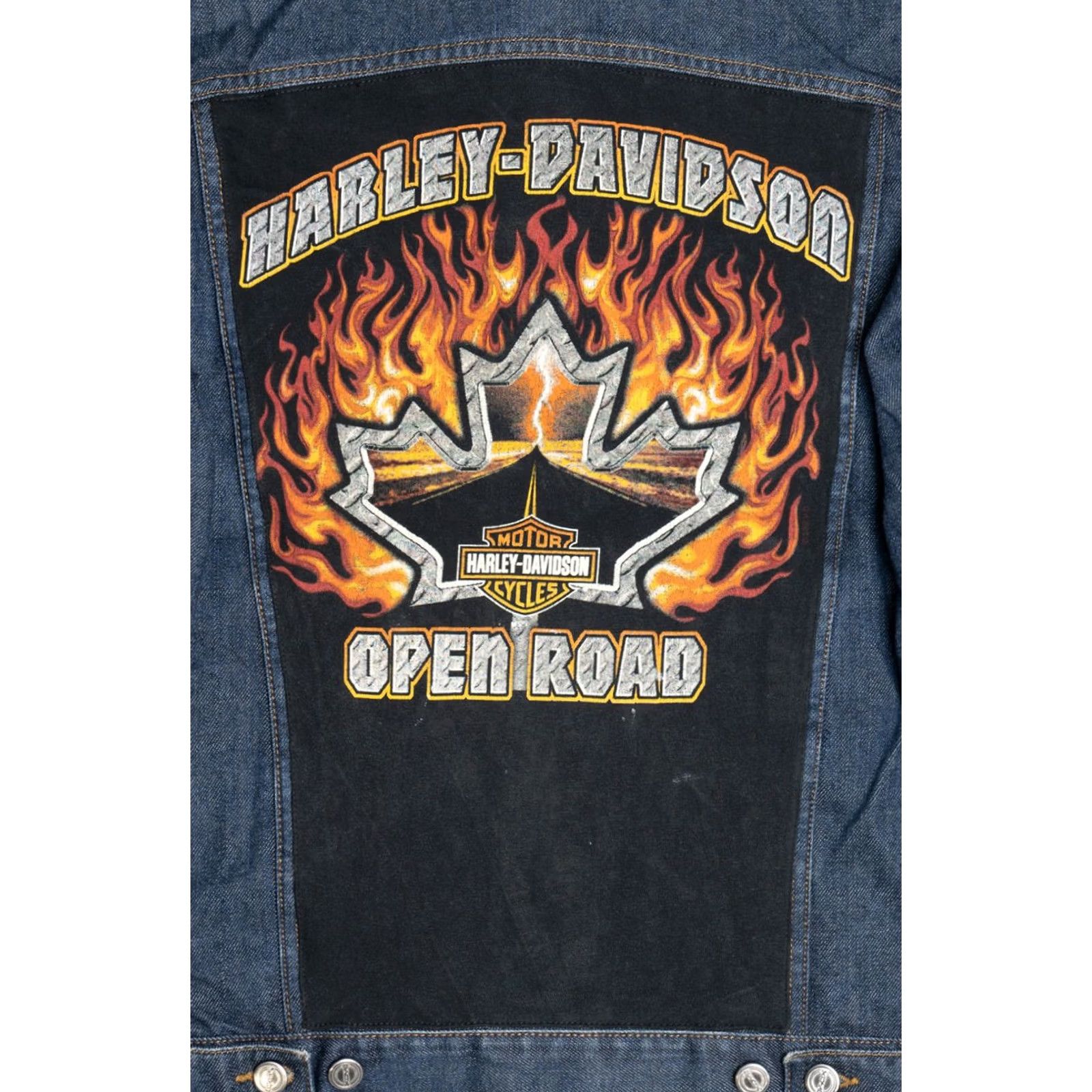 Denime VINTAGE Harley Davidson Open Road Back Patch Denim Jacket Shirt Mens Medium Blue Cotton XDye 2010s/Back Patch/Flames Size US M / EU 48-50 / 2 - 3 Thumbnail