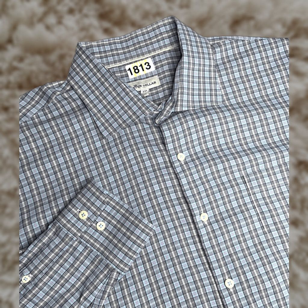 Peter Millar Shirt Button-Up Men's 2XL Blue Pink Plaid Summer Comfort XXL