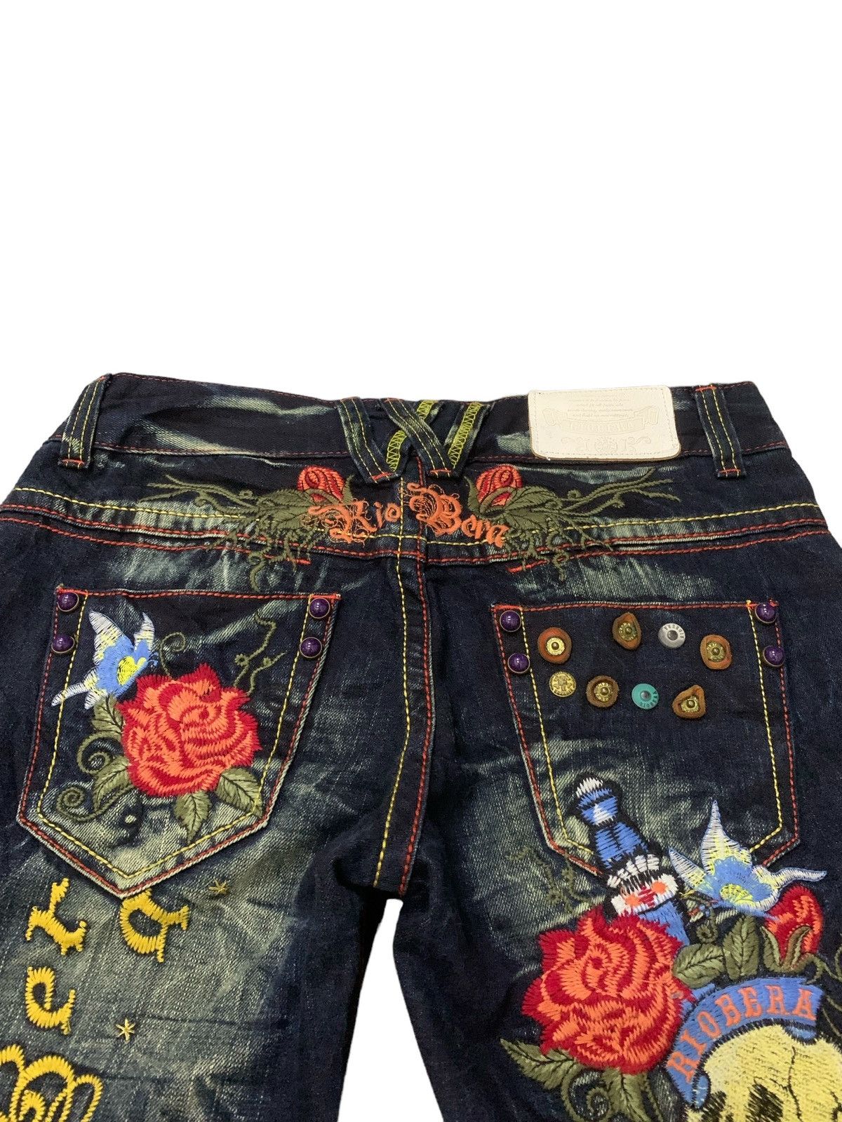 Ed Hardy × Japanese Brand Riobera Japan Embroidered Skull Tattoo Flared Denim Pants Size US 30 / EU 46 - 7 Thumbnail