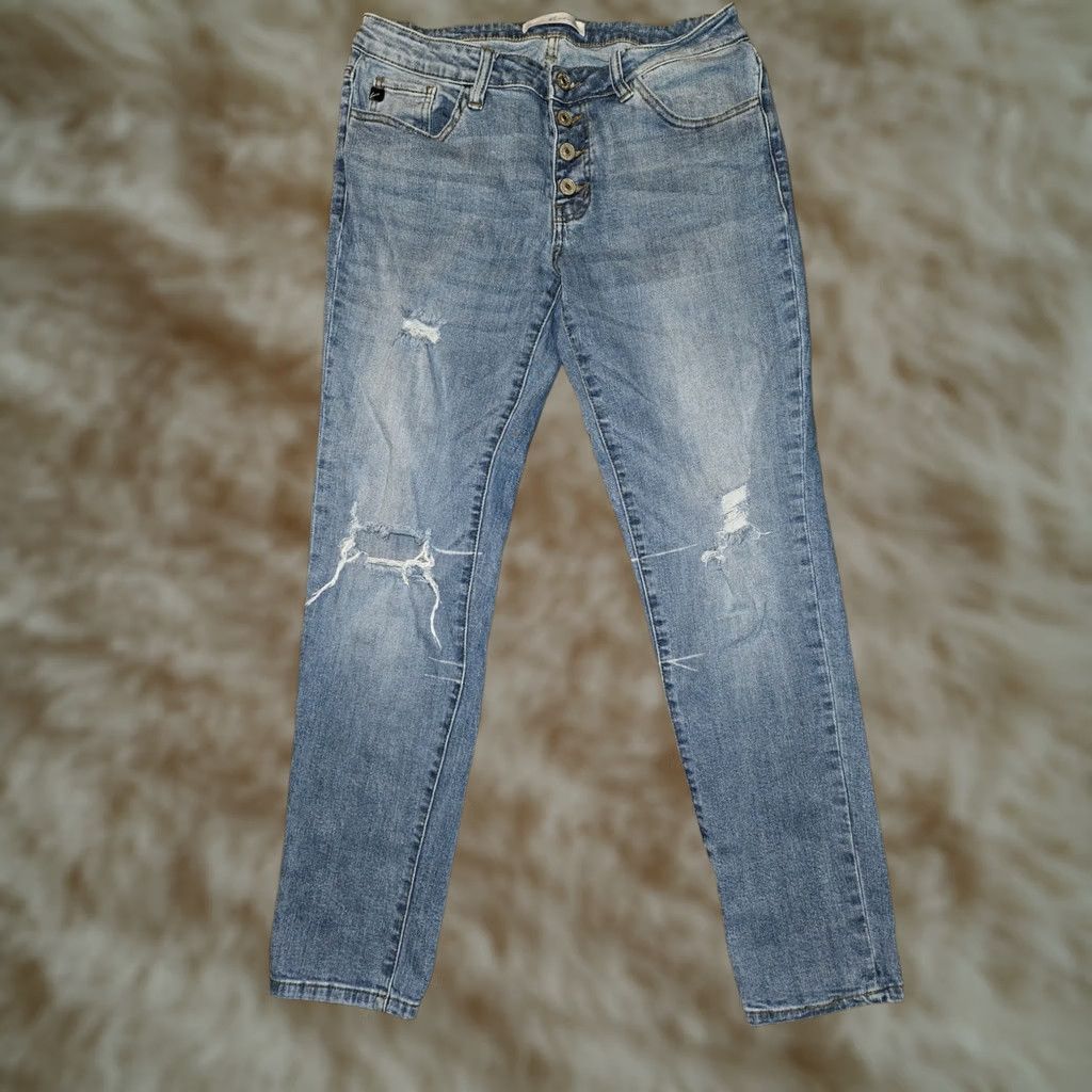 Vintage Kancan Clarie Mid Rise Boyfriend Jeans Women's 7/27 Button Fly Ankle Preppy Blue Denim Distressed Pockets Regular Womens Jeans Seven Size 28" / US 6 / IT 42 - 1 Thumbnail
