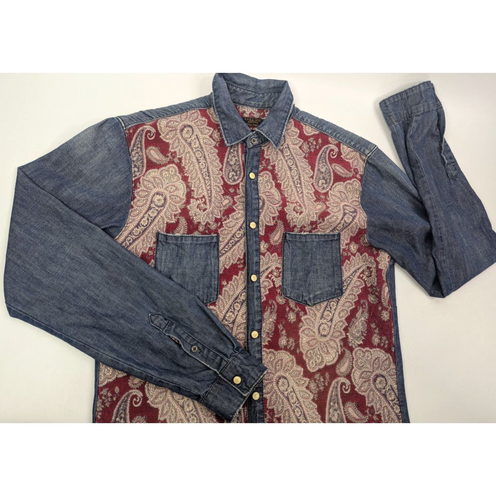 Zara Zara Shirt Men Denim Blue Paisley Long Sleeve Button-Up Slim Fit M Snap Collar Casual Travel Western Pattern Paisley Tapestry Size US M / EU 48-50 / 2 - 2 Thumbnail