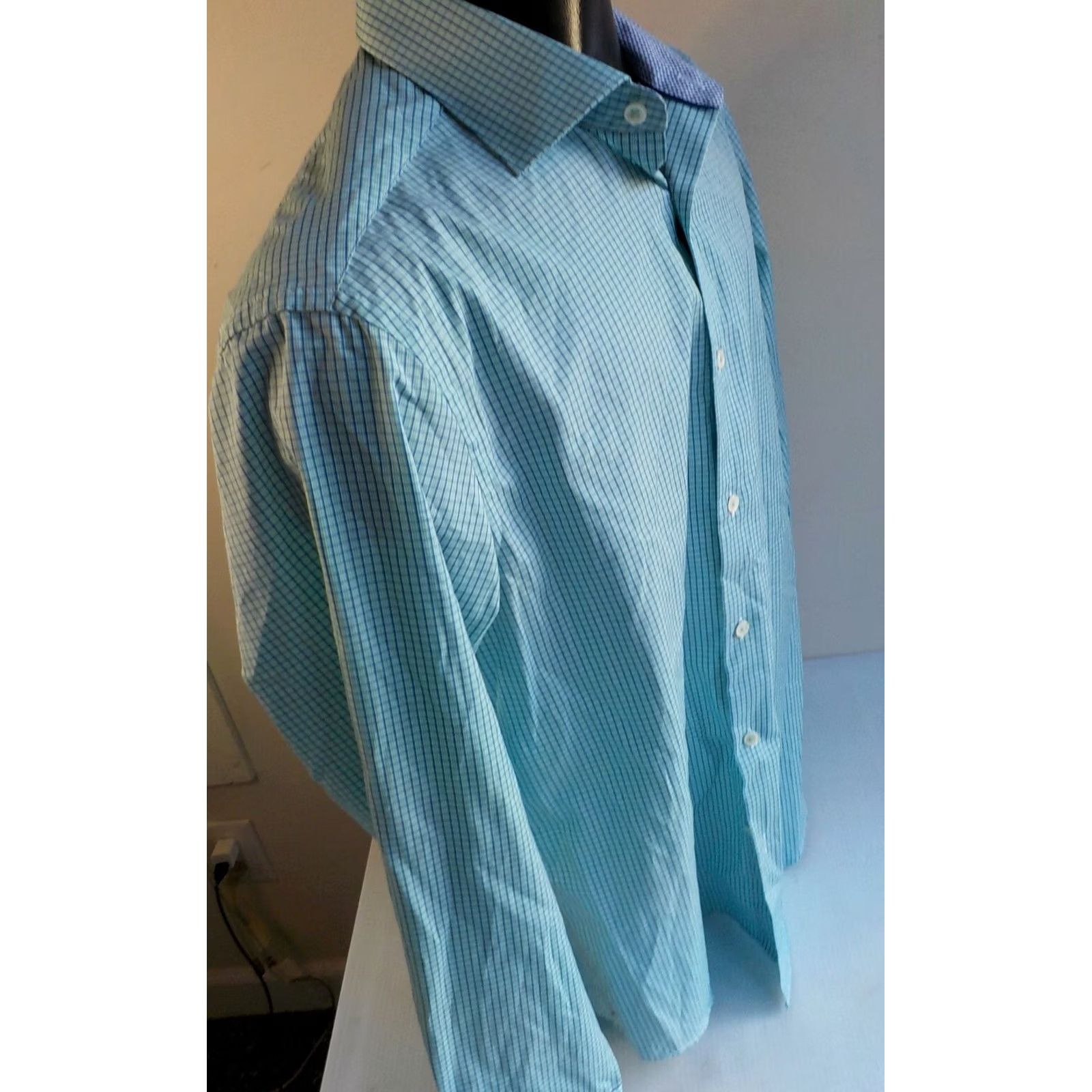 BUGATCHI BUGATCHI Uomo Check Flip Cuff Shirt SZ 16.5 Teal/Blue Dress Shirt 100% Cotton Long Sleeve Mens Regular Adult Size US XL / EU 56 / 4 - 3 Thumbnail