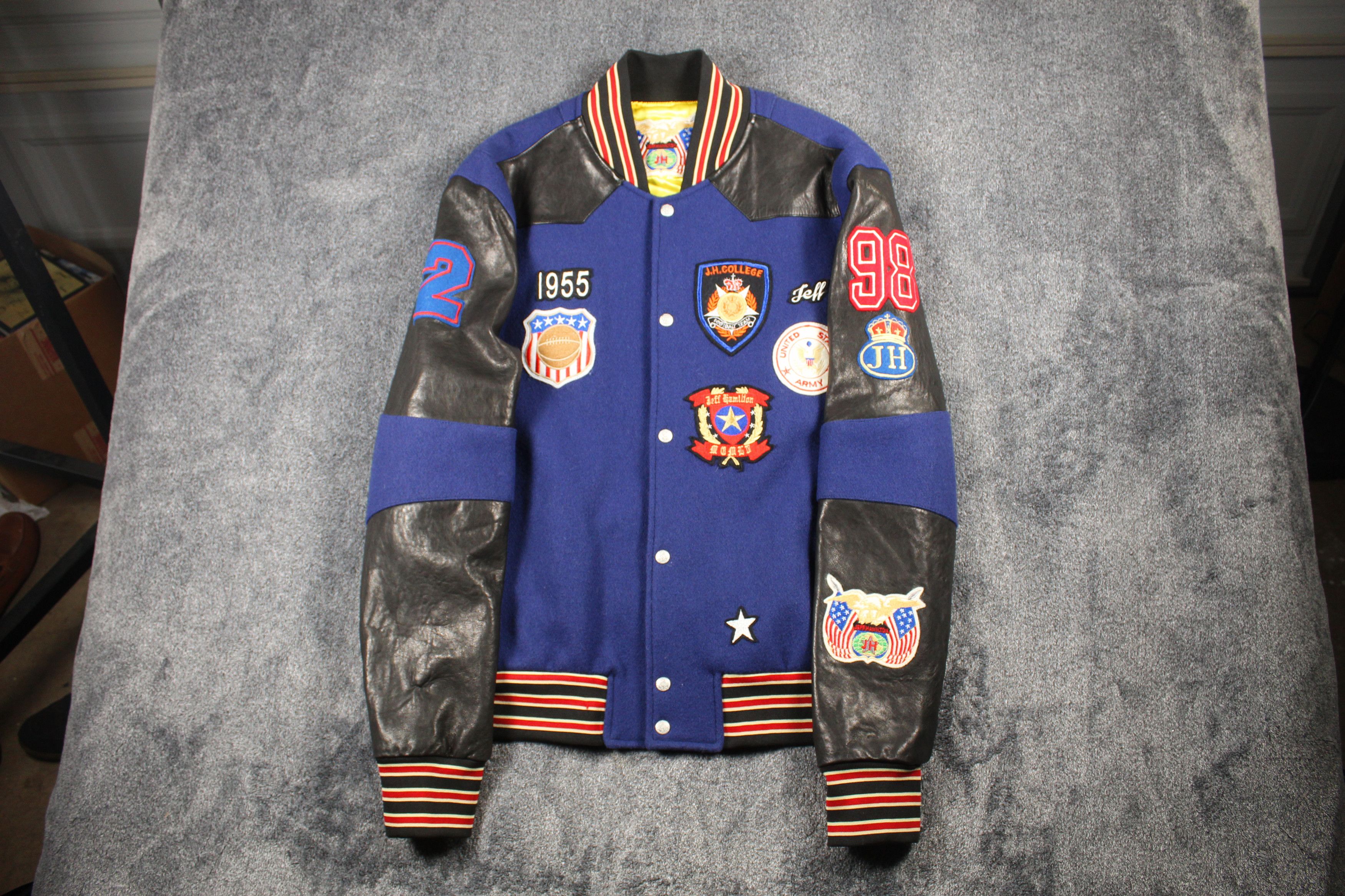 image of Varsity Jacket Jeff Hamilton Jacket Basketball Us Army Patches in Blue, Men's (Size XL)