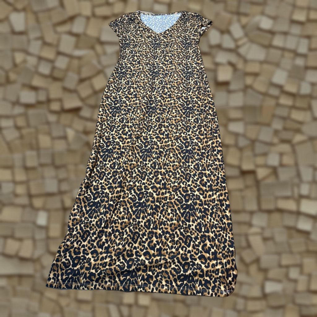 Vintage No Boundaries Dress Black Cheetah Print Short Sleeve V-Neck T-Shirt Dress Womens Large Size 36" / US 14 / IT 50 - 1 Thumbnail