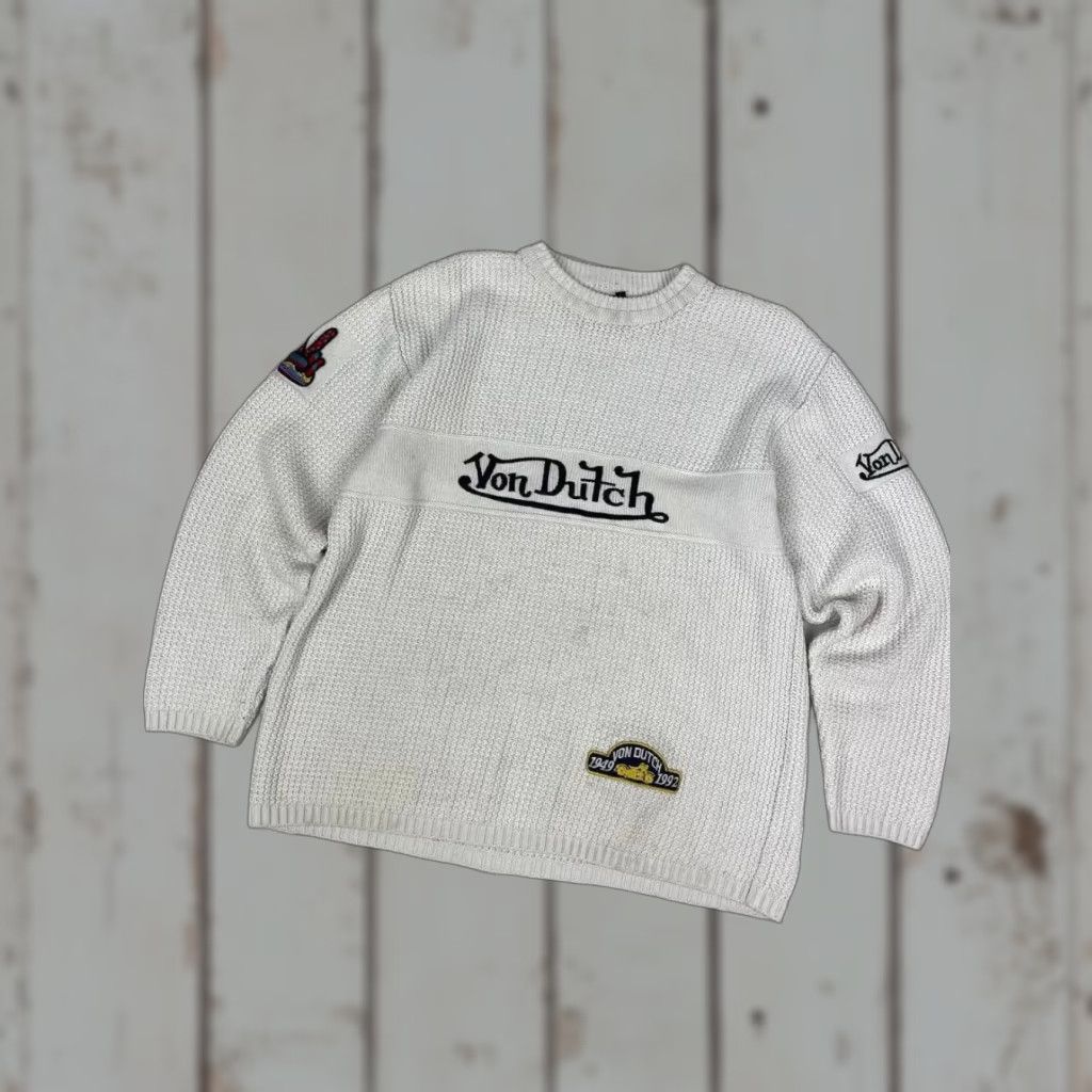Von Dutch VINTAGE Von Dutch Big Logo Knit Sweater 90s Men L White Knit Pullover Long Sleeve Crew Neck Mens Size US L / EU 52-54 / 3 - 1 Thumbnail