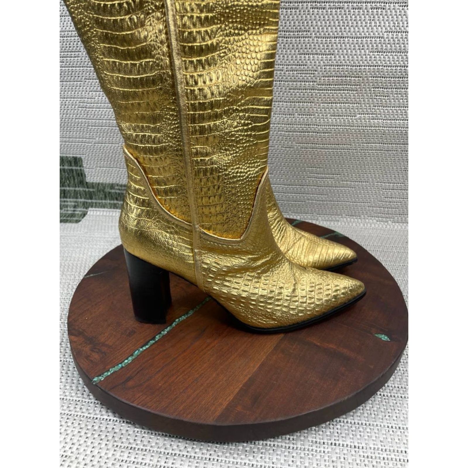 Vintage Cecelia New York Reckon Boots Womens Size 8 B Gold Leather Croc Embossed Mid-Calf Riding Block Heel Leather Lining Casual Outdoor Vintage: No Size US 8 / IT 38 - 2 Thumbnail