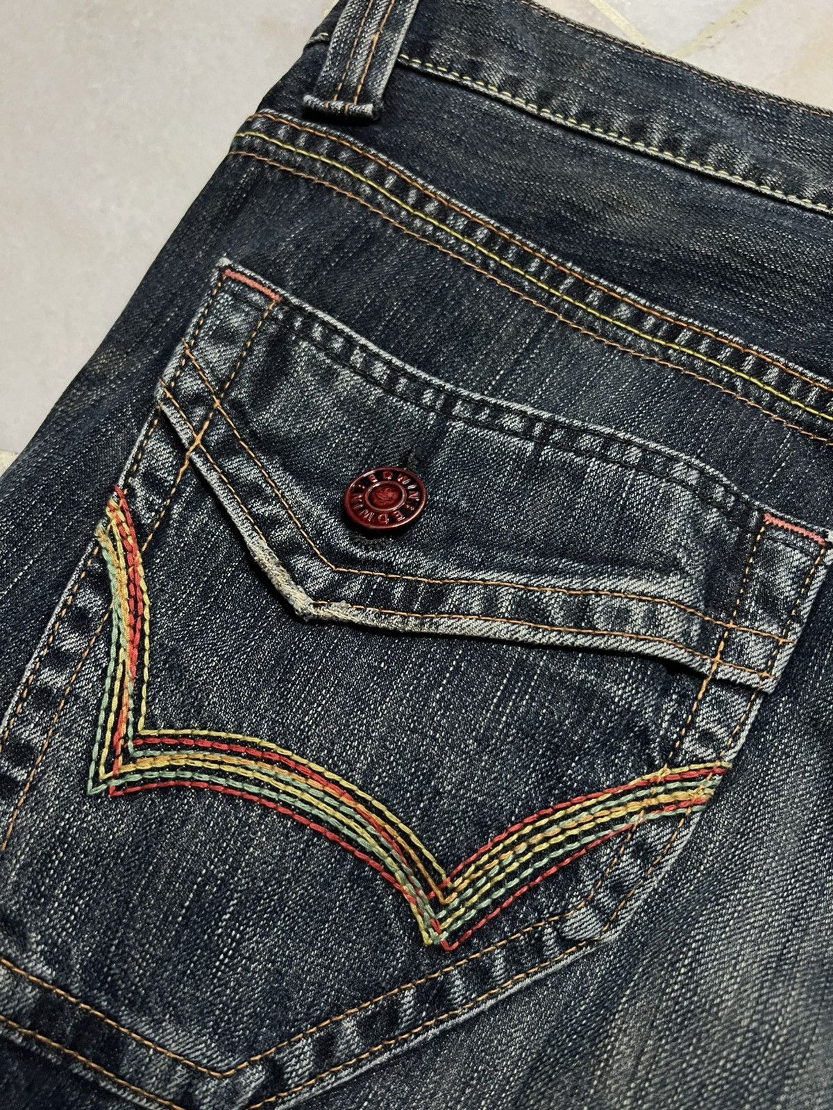 Edwin × Vintage 💥Flare💥Edwin 503 Blue Trip Distress Jean Size US 35 - 19 Thumbnail