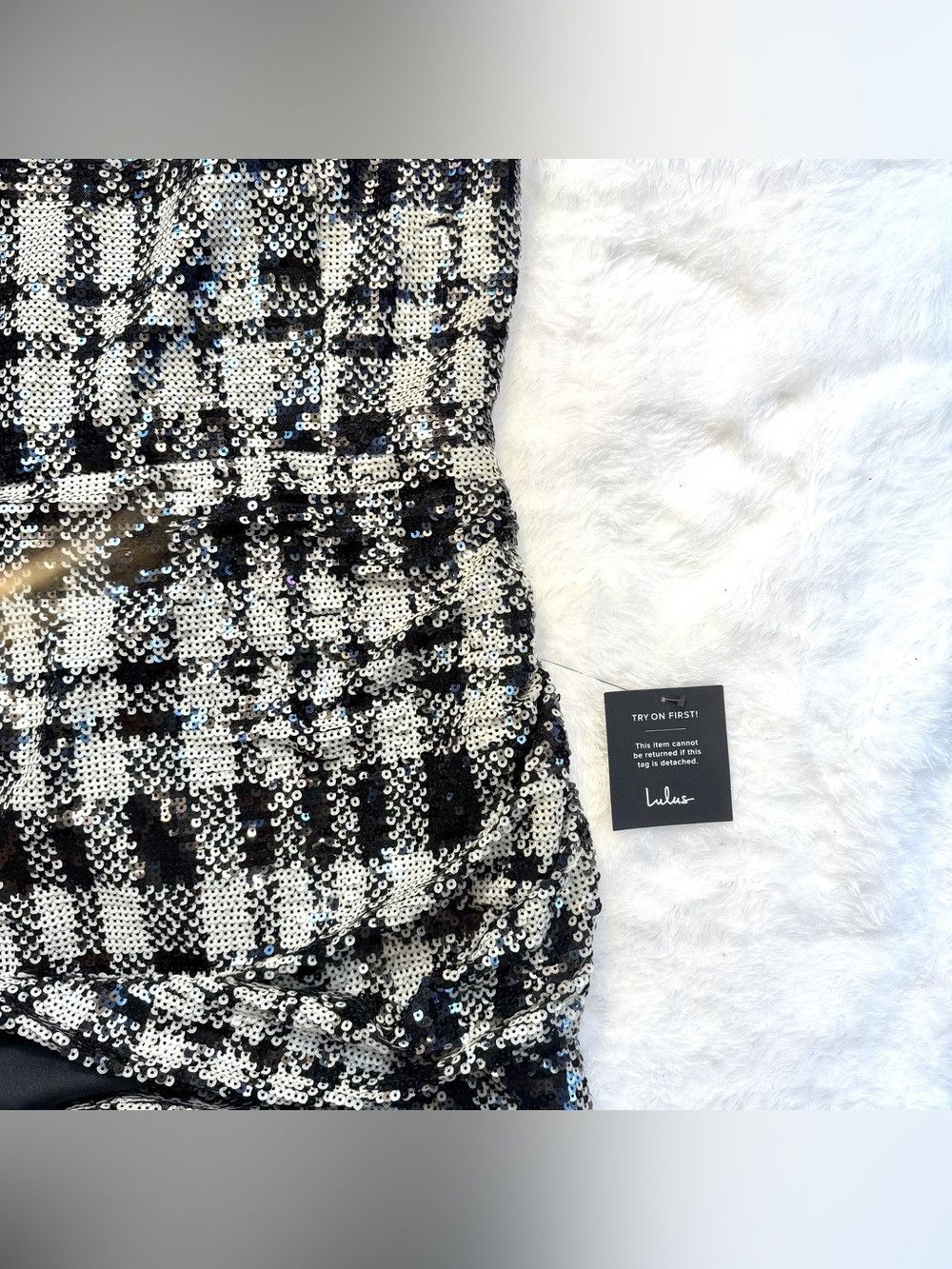 Lulus Plaid My Love Shiny Black/White Plaid Sequin Mini Dress Size L / US 10 / IT 46 - 12 Thumbnail