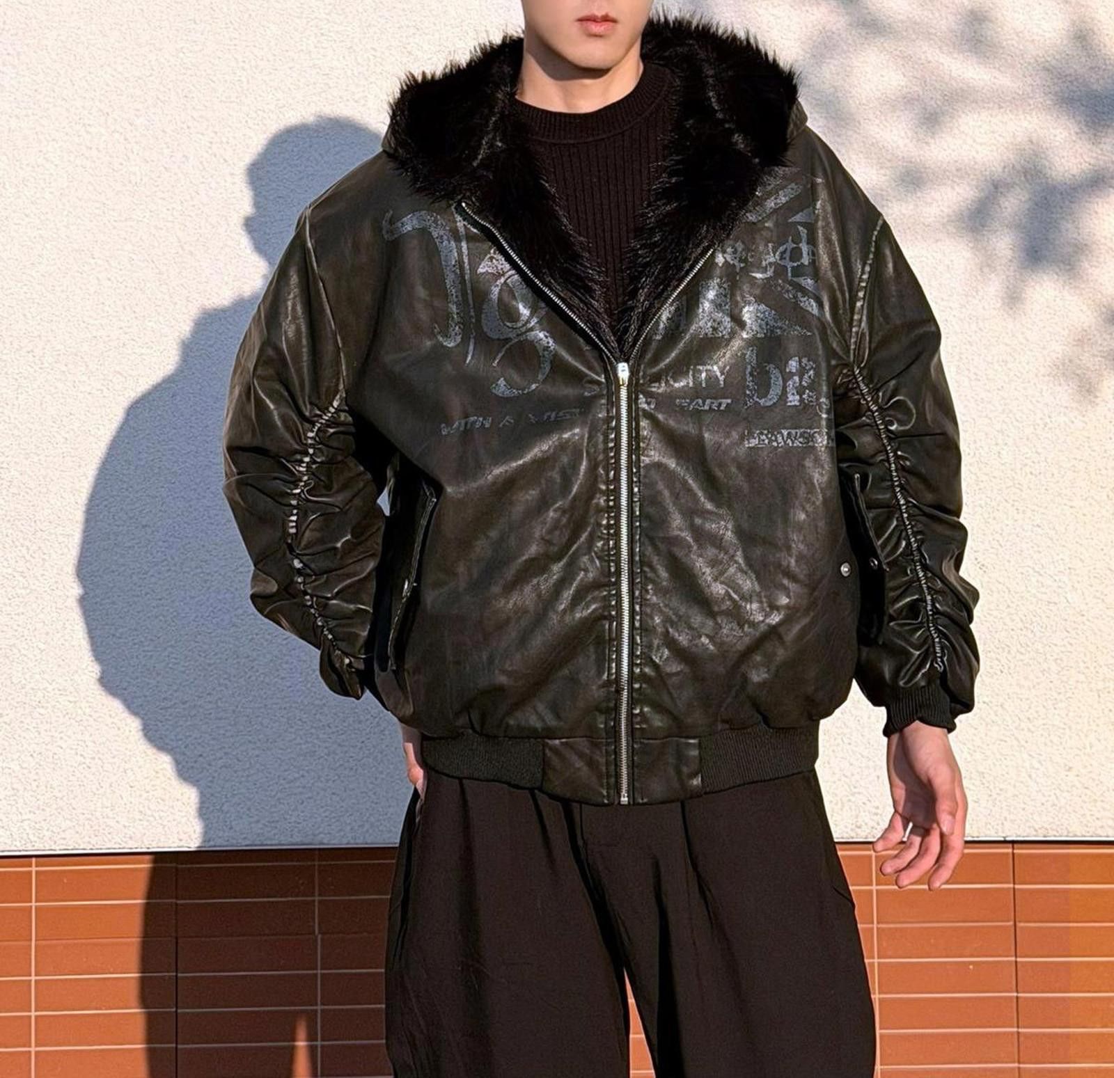 Japanese Brand Black Faux Leather Bomber Jacket with Fur Collar Size US L / EU 52-54 / 3 - 2 Thumbnail