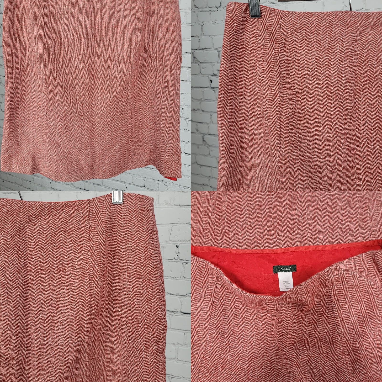 J.Crew VTG J.CREW Wool Herringbone A-Line Skirt - Red White, Side Zip, Lined, Knee Length, Size 12, Womens Size 34" / US 12 / IT 48 - 8 Thumbnail