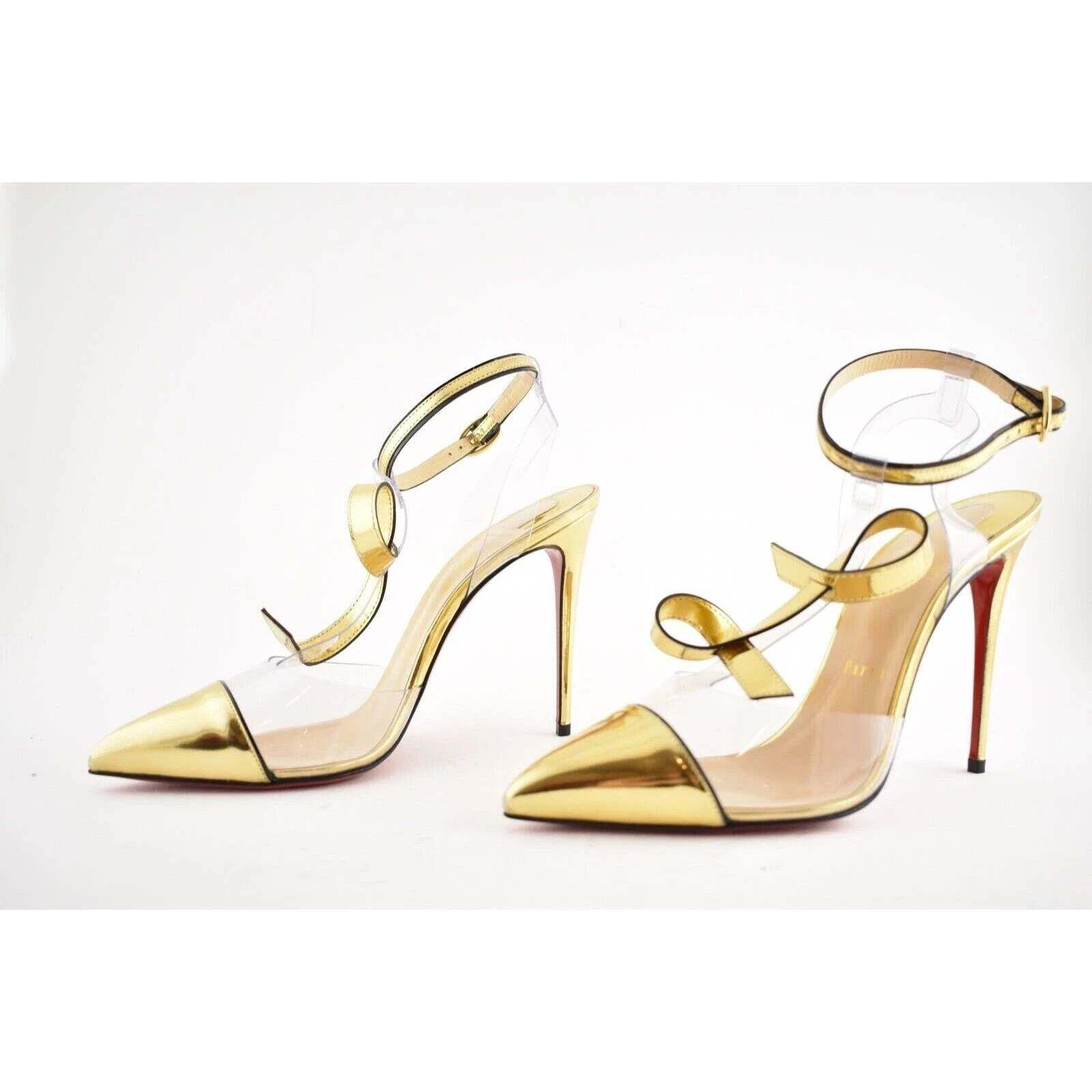 Christian Louboutin Alta Firma 100 Gold PVC T Strap Ankle Heel Sandal Pump 35 Size US 5 / IT 35 - 10 Thumbnail