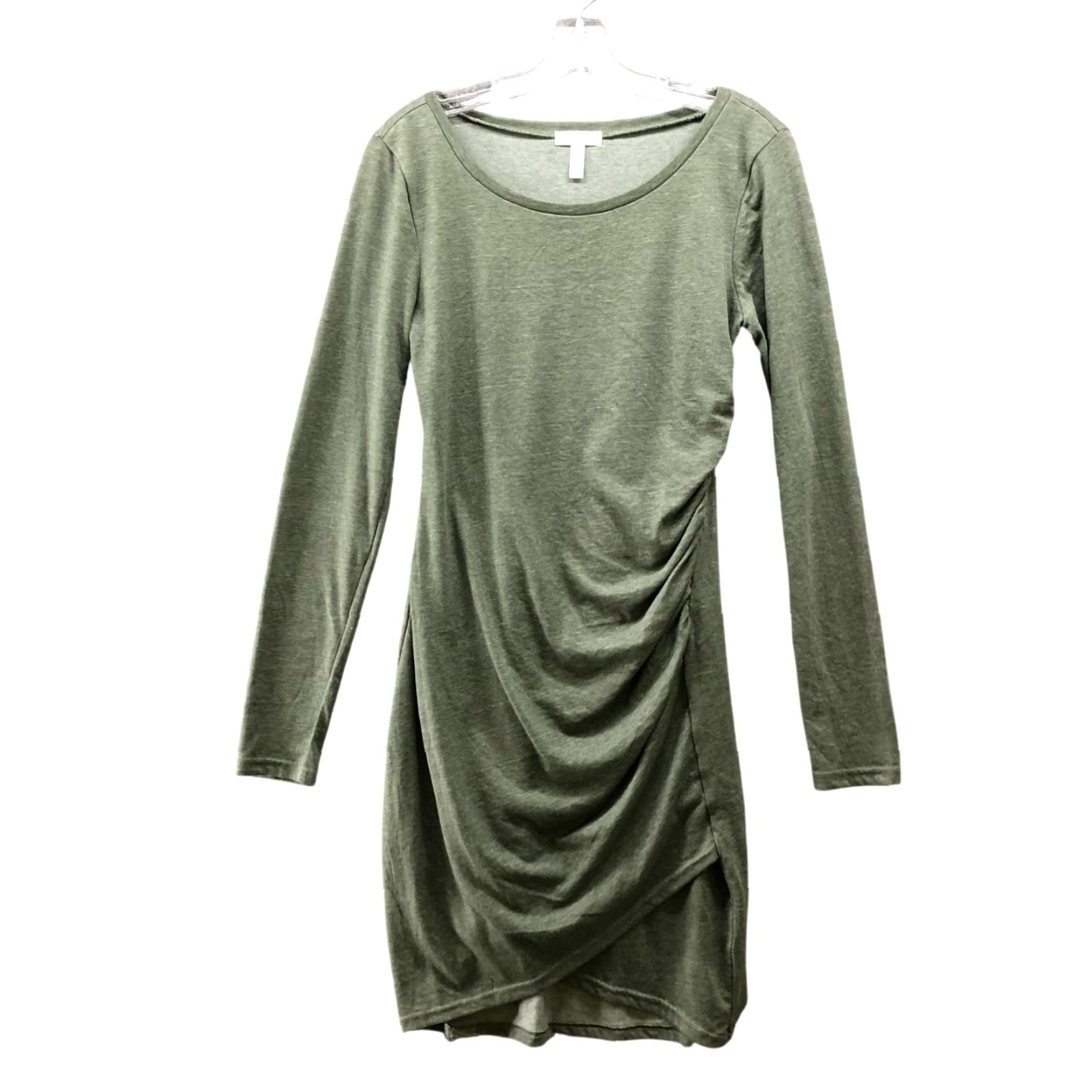 Vintage Leith Bodycon Mini T Shirt Dress Womens M Green Long Sleeve Crew Neck Ruched Casual Cotton Blend Knit Polyester Size M / US 6-8 / IT 42-44 - 2 Thumbnail
