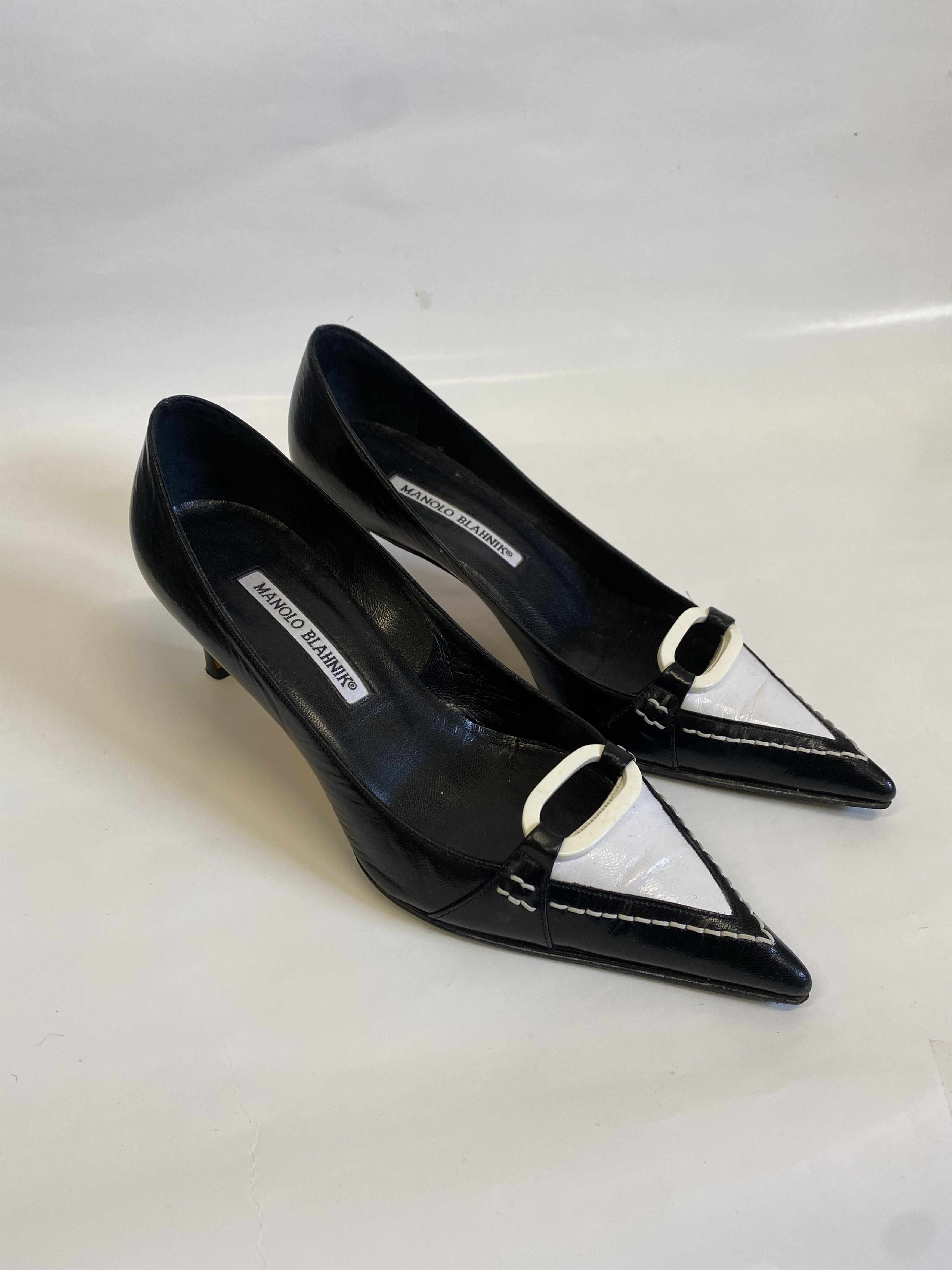 image of Manolo Blahnik Kitten Heel Shoes in Black White, Women's (Size 6.5)