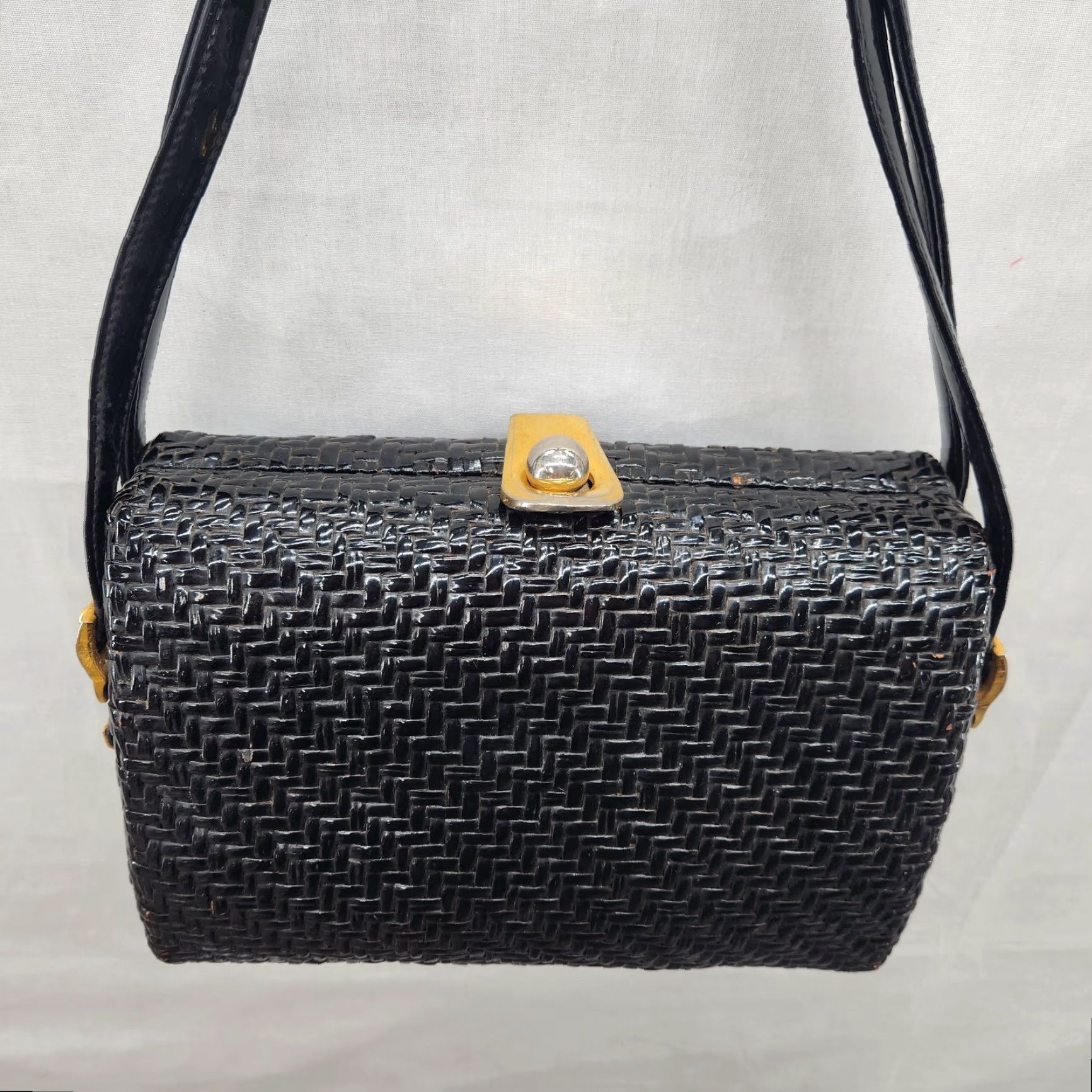 Vintage VINTAGE Koret Black Gold Wicker Basket Handbag Purse Boho Womens Size ONE SIZE - 6 Thumbnail