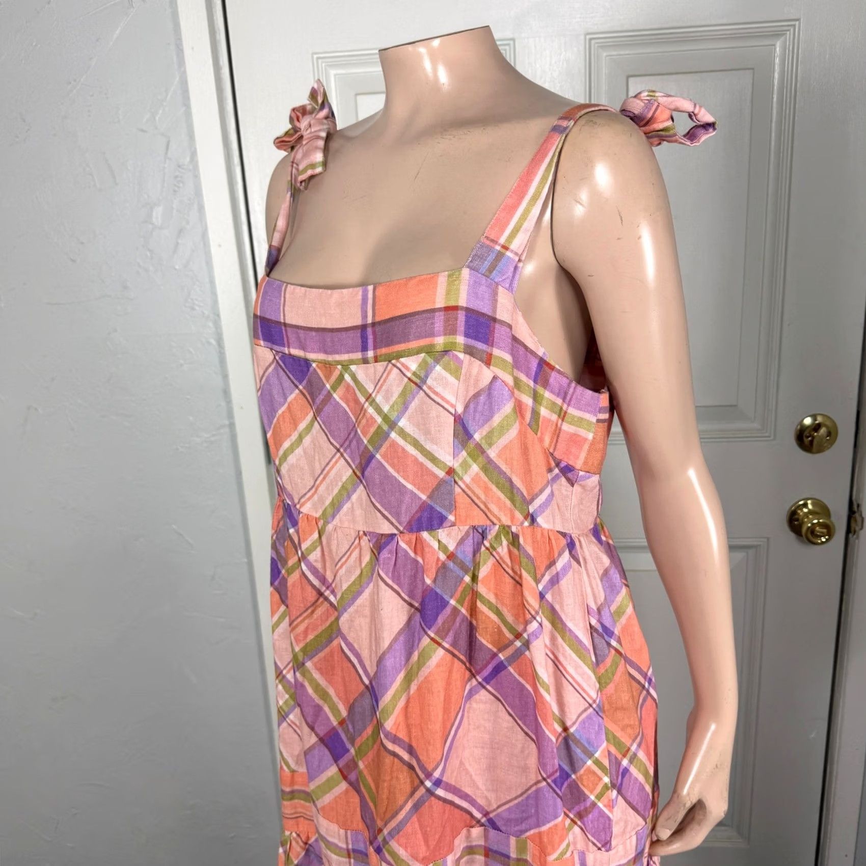Anthropologie Anthropologie Kachel Dress Plaid Maxi Linen Pink Long D4-2 L Adult Women Sleeveless Square Neck Pullover Lightweight Casual Size L / US 10 / IT 46 - 4 Thumbnail