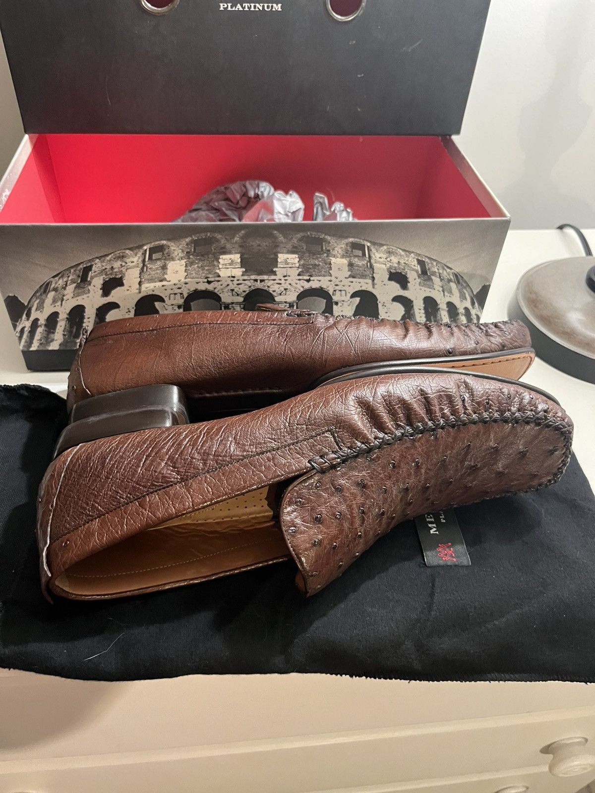 Mezlan Mens Mezlan Rollini Ostrich Quill Dress Shoe Loafer in Brown Size US 11 / EU 44 - 3 Thumbnail