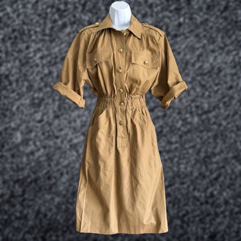 Vintage VINTAGE Mila Schon Shirt Dress Khaki 4 100% Cotton Utility Style Button Front Logo Pockets Epaulets Chest Patch Front Hip Pockets knee Length Women Size S / US 4 / IT 40 - 1 Thumbnail