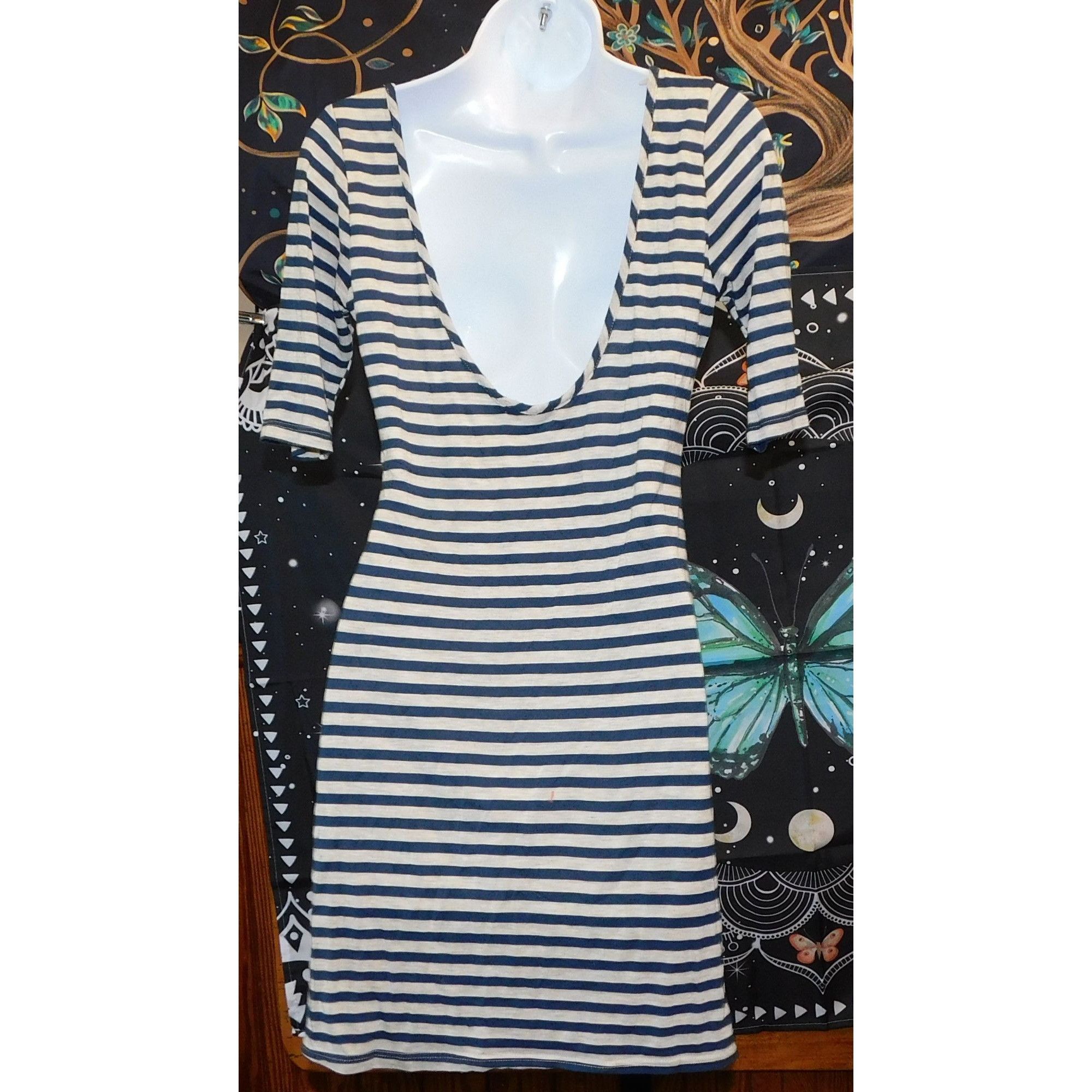 Other Velvet Touch Striped Blue And Grey Bodycon Dress Size L / US 10 / IT 46 - 2 Thumbnail