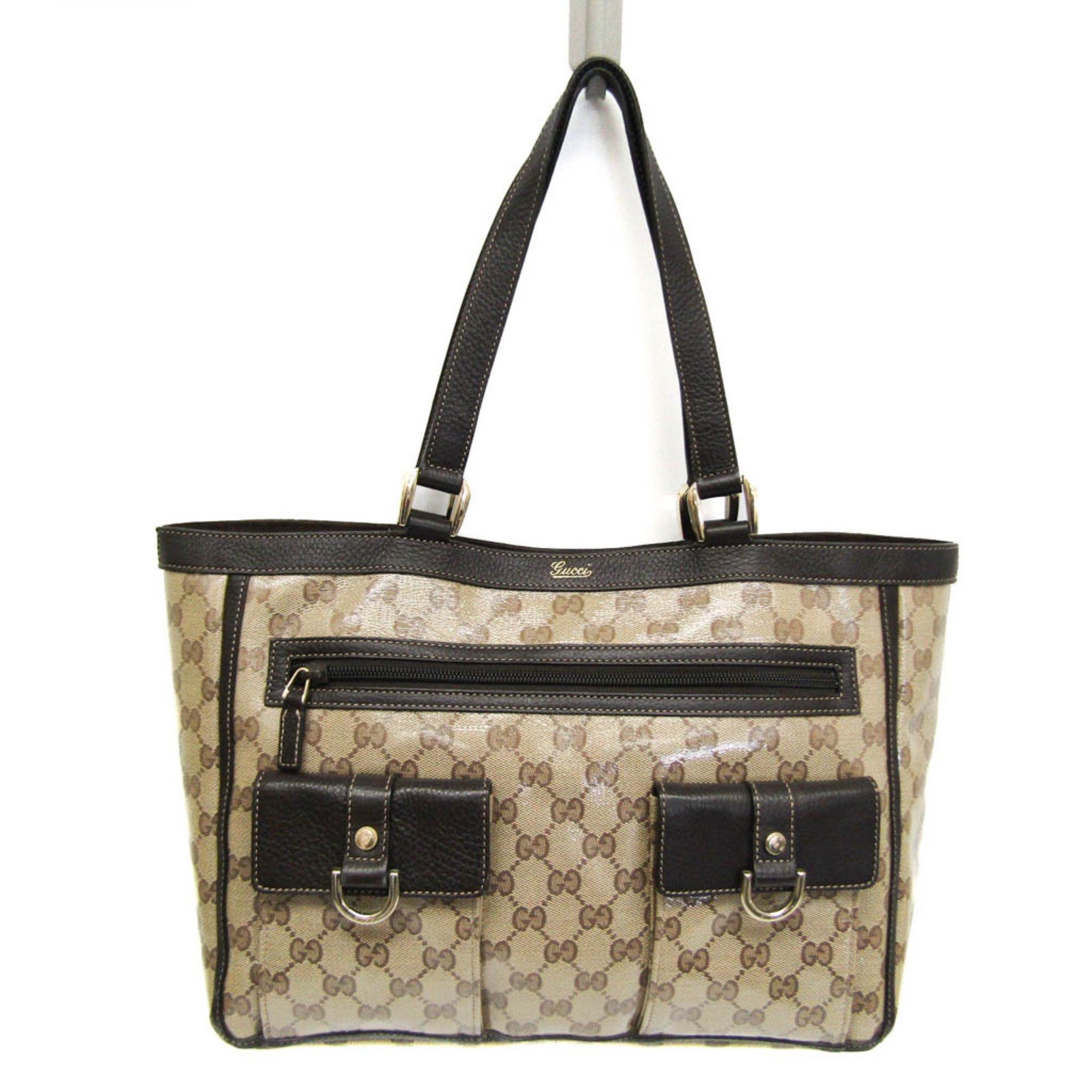 Gucci GG Crystal 268639 Women's LeatherPVC Tote Bag BeigeDark Brown