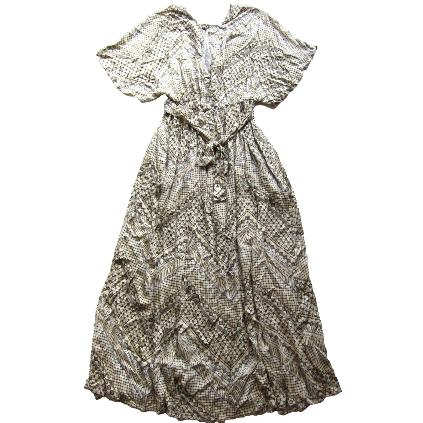 Vintage VICI Rayon Ivory Black Geometric Short Sleeve Pocket V-Neck Maxi Dress XS Size 26" / US 2 / IT 38 - 2 Thumbnail