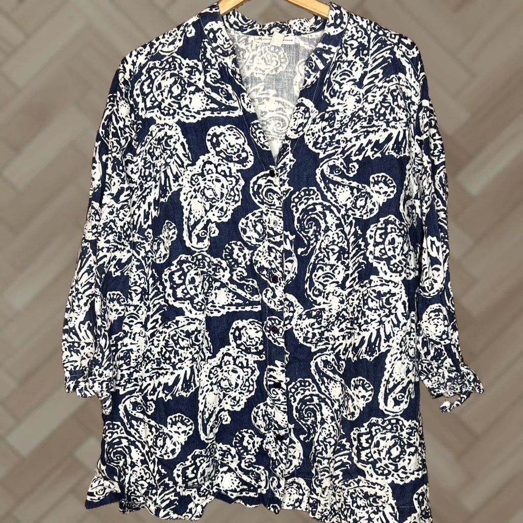 JM Collection VINTAGE J.M Collection White Floral Linen Shirt 20W Womens Button-Up Casual Travel Summer Spring Work Size 3XL / US 20-22 - 1 Thumbnail