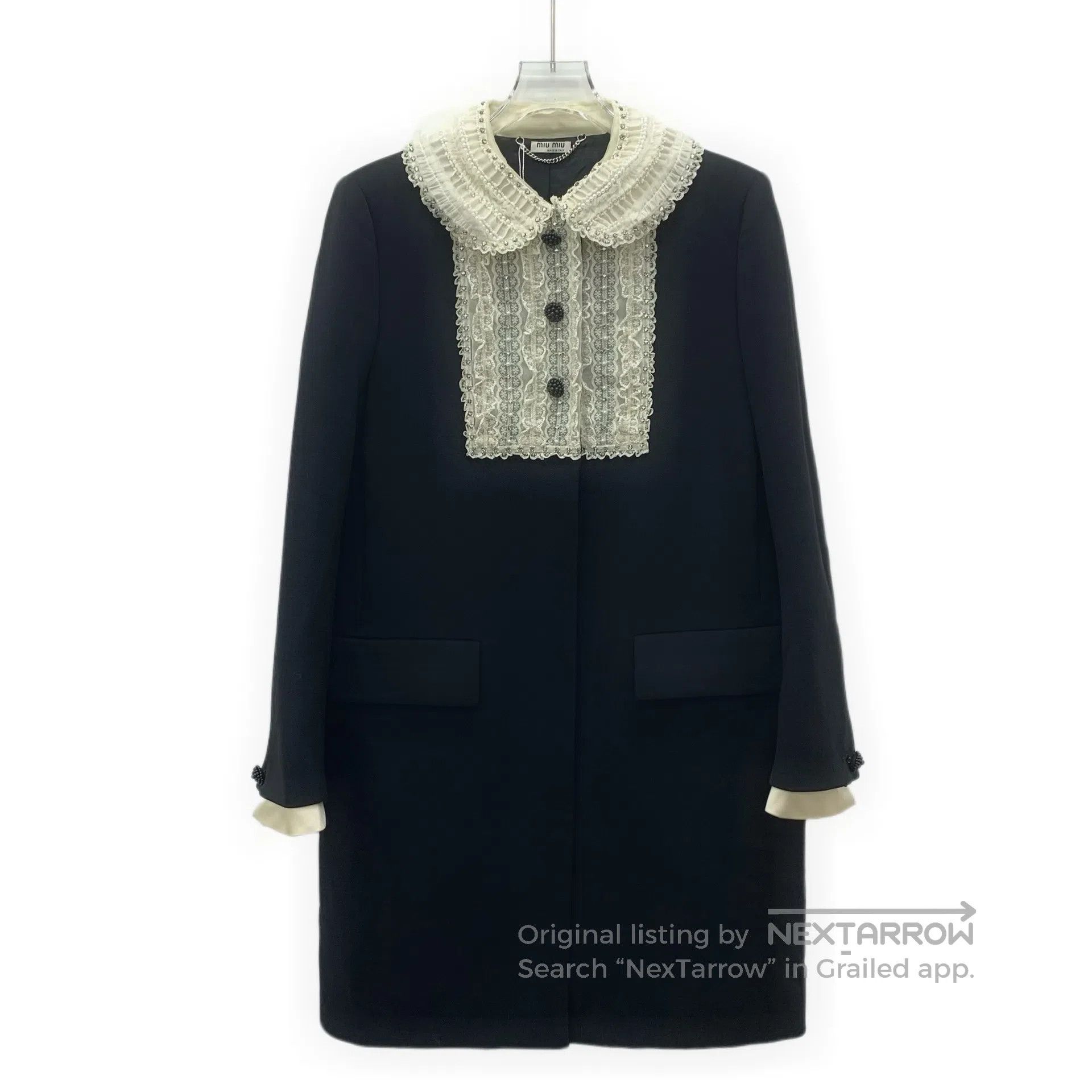 Miu Miu Miu Miu Black Lace Peter Pan Collar Pearl Trim Long-Sleeve Size S / US 4 / IT 40 - 1 Thumbnail
