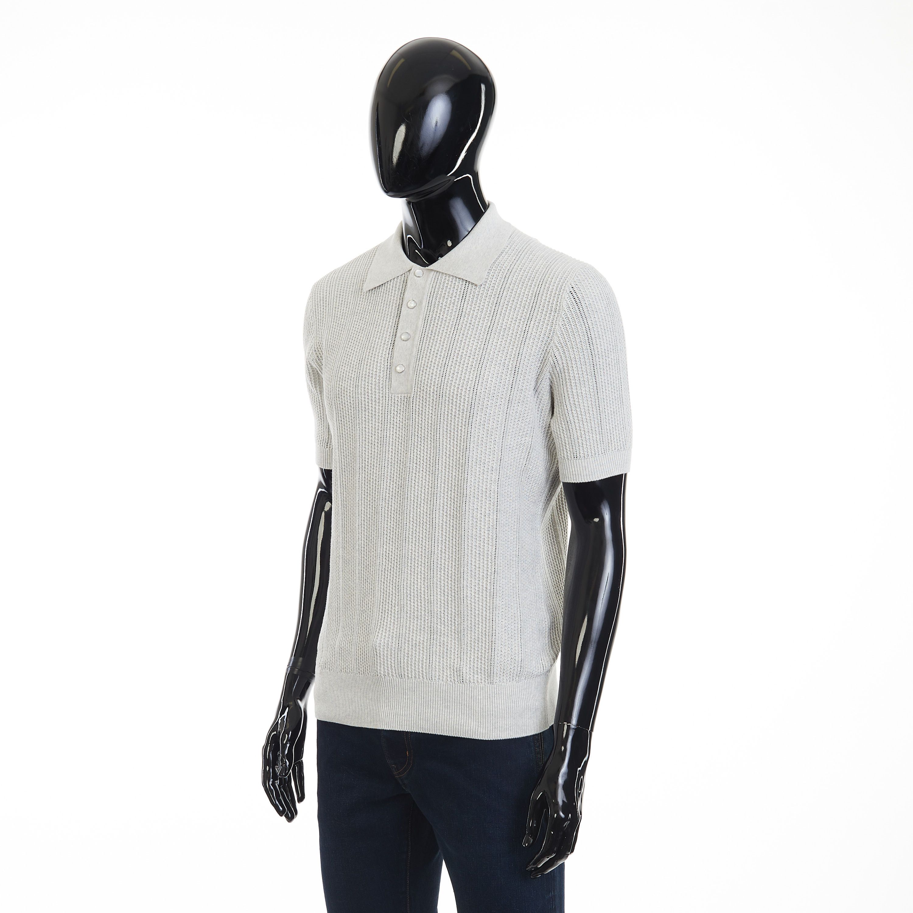 Brunello Cucinelli Textured Rib Knit Polo - Light Grey Cotton Size US XXL / EU 58 / 5 - 2 Thumbnail
