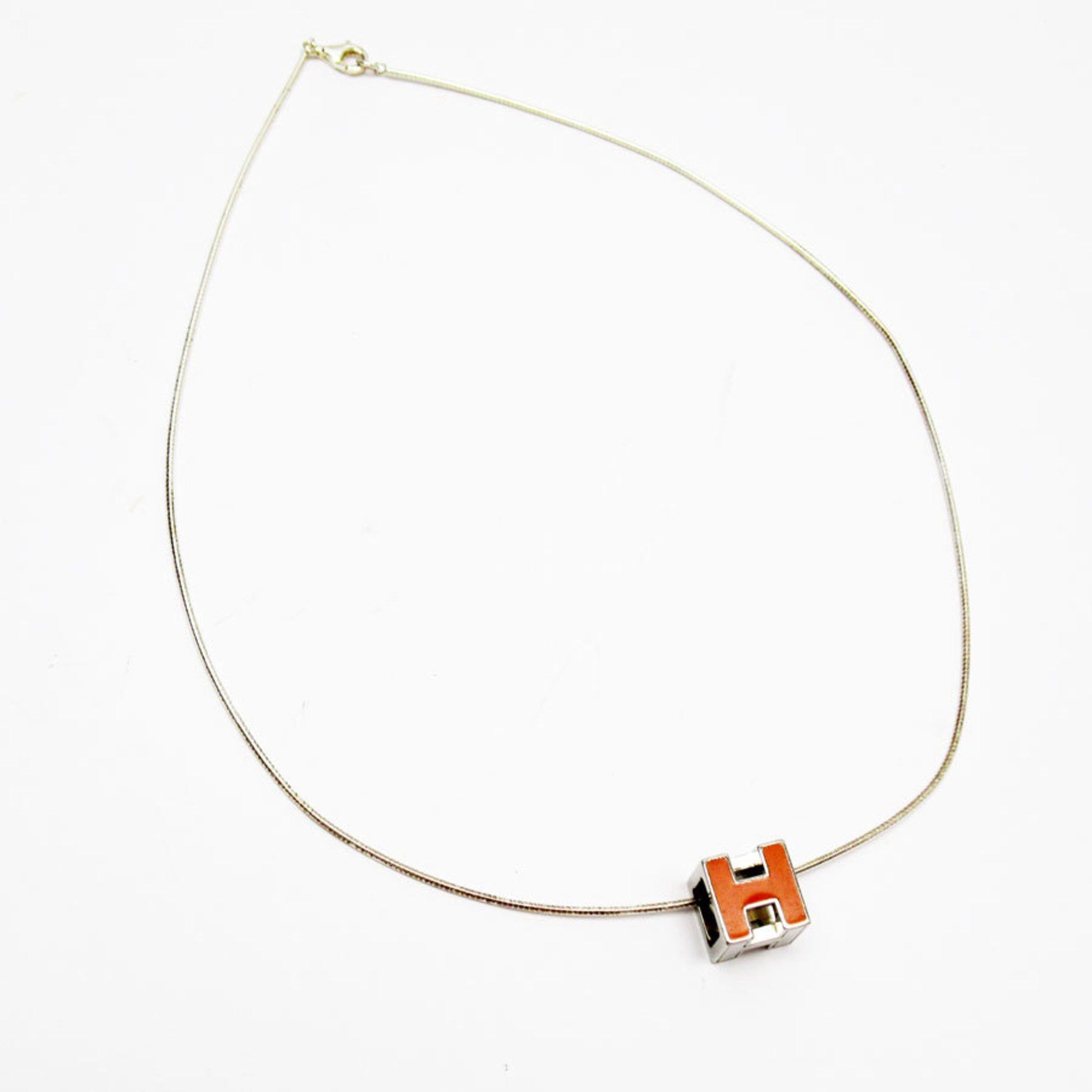 image of Hermes Necklace H Cube Cage D'ash Metal/enamel Silver/orange Women's W0185J