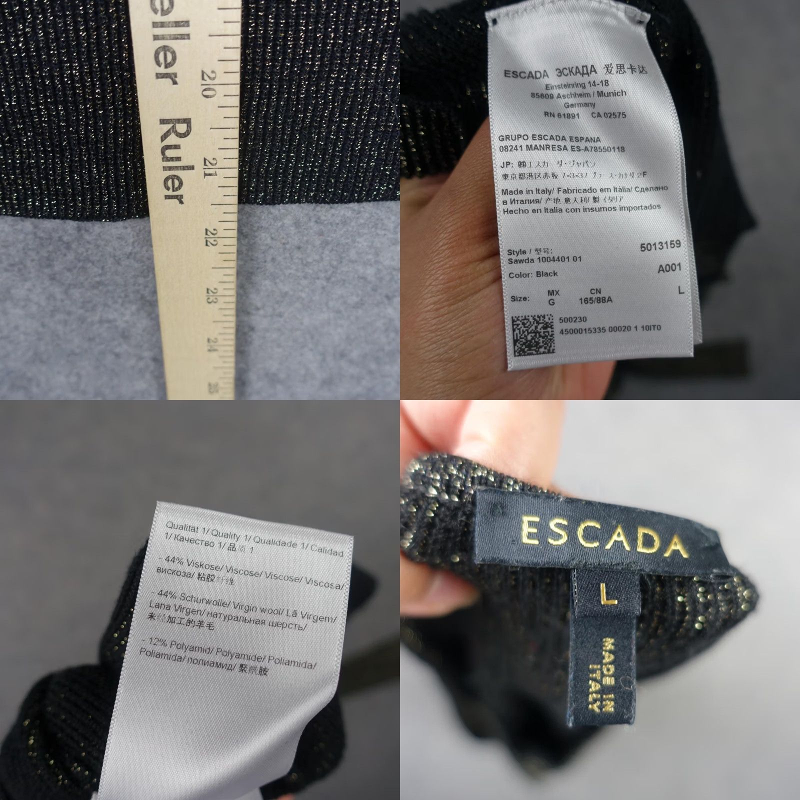 Escada VINTAGE Escada Cardigan Sweater Womens Large Black Gold Metallic Button Front Wool Italy Size L / US 10 / IT 46 - 8 Thumbnail