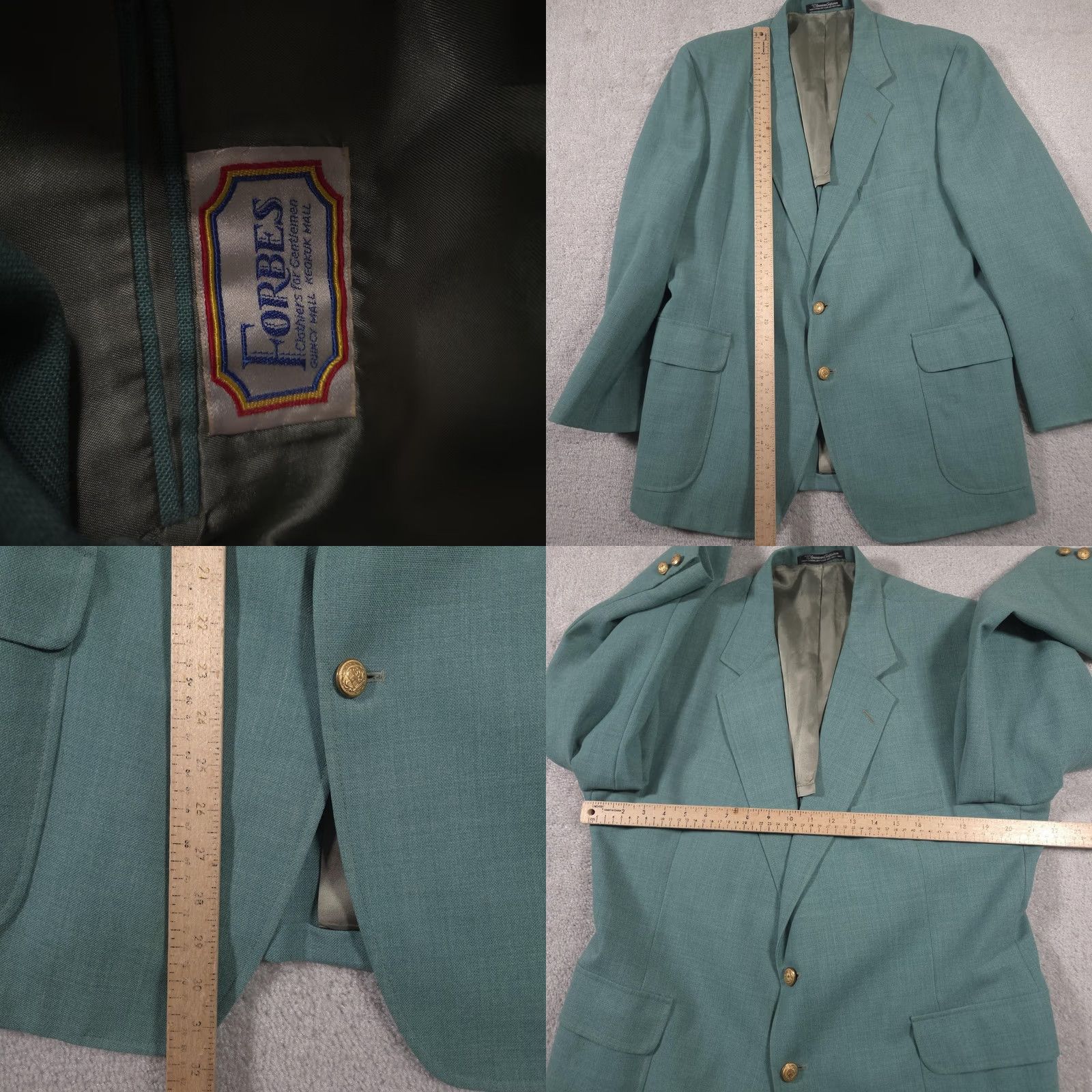 Vintage Forbes Blazer Mens Teal Green 2 Button Sport Coat Gold Crest Buttons Single Vent Front Notch Lapel 43 Regular Men’s Jacket Size 46R - 8 Thumbnail