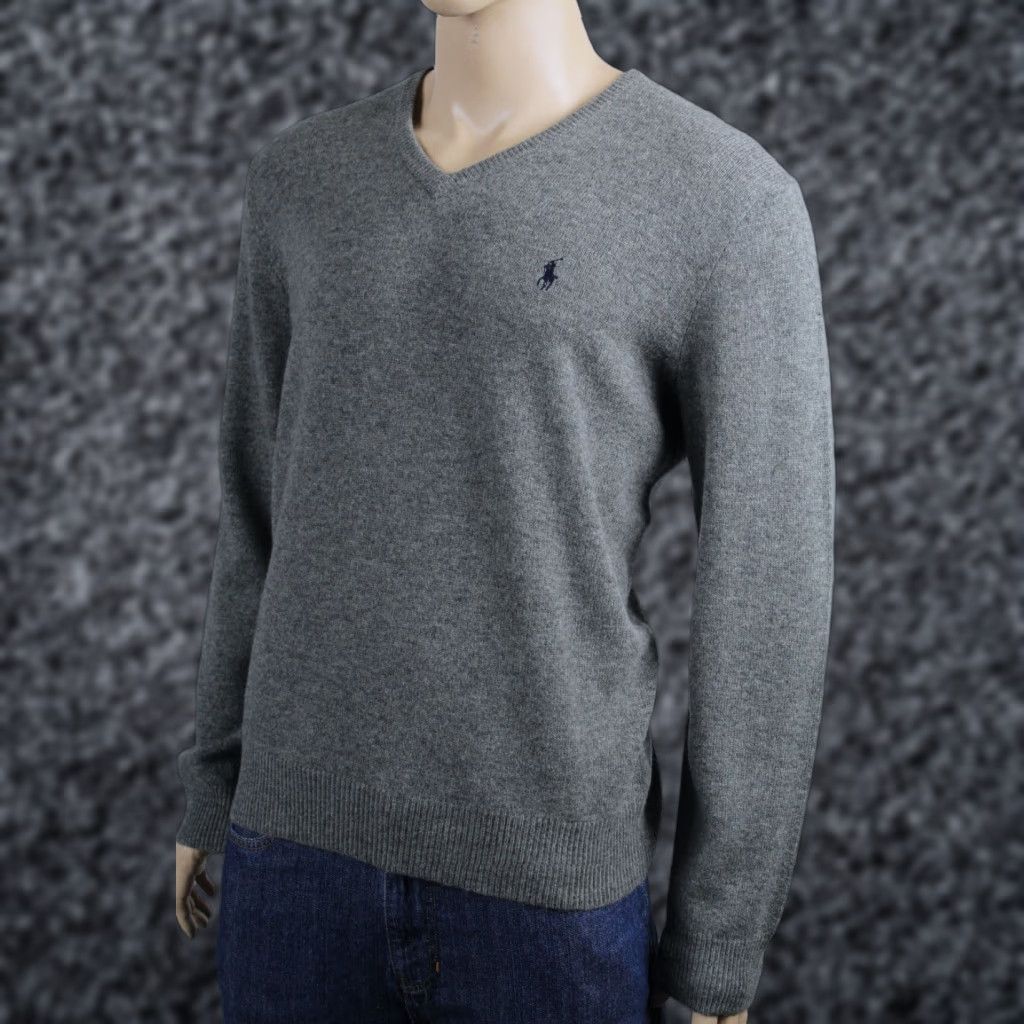 Polo Ralph Lauren Polo Ralph Lauren Grey Merino Wool Sweater Navy Blue Pony NWT XL Mens V-Neck 100% Wool Ribbed Cuffs Embroidered Pony Size US XL / EU 56 / 4 - 1 Preview