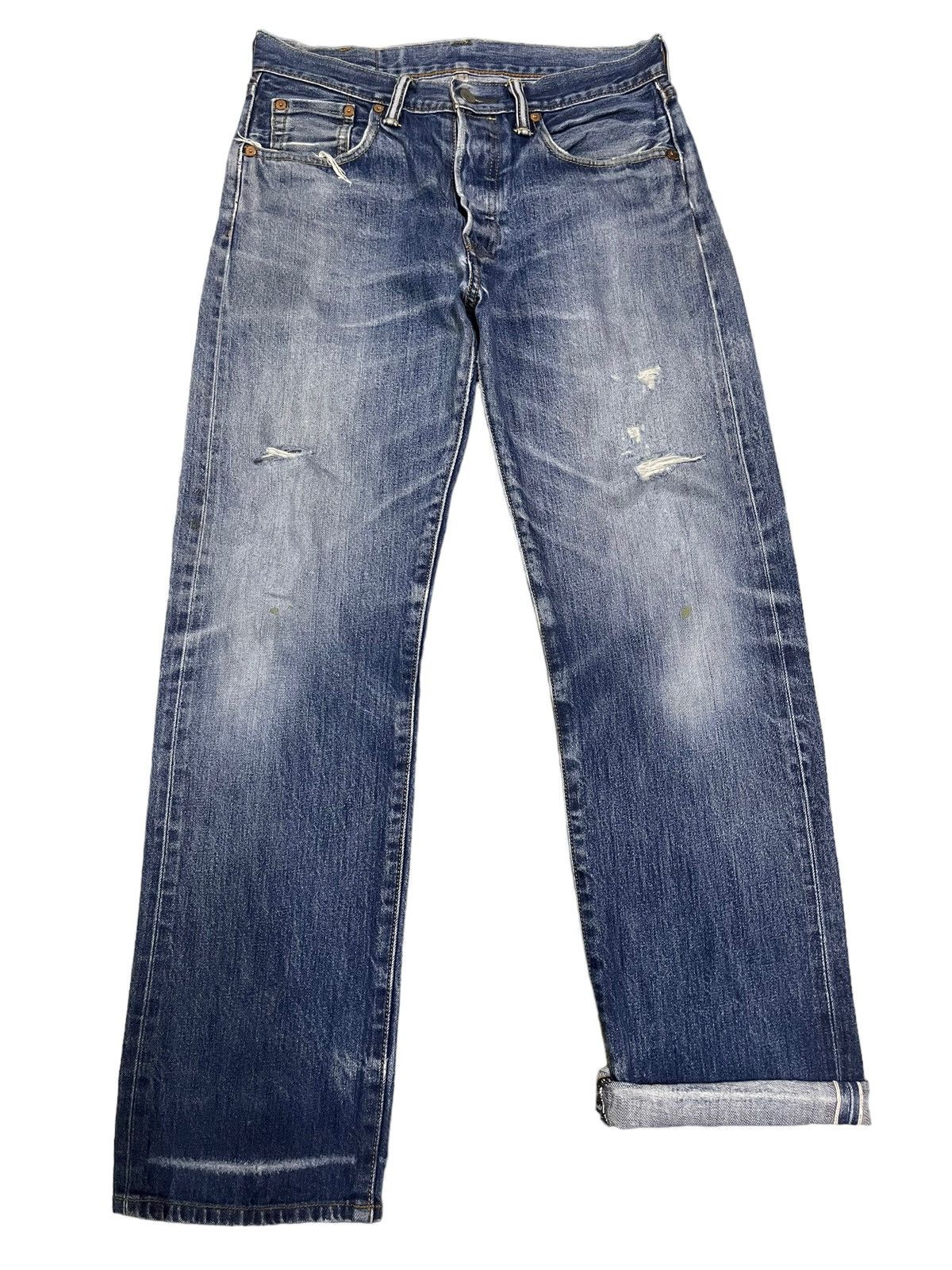 image of Archival Clothing x Levis Vintage 90's Levis 501 Selvage Button Fly Distress Jeans in Blue (Size 30