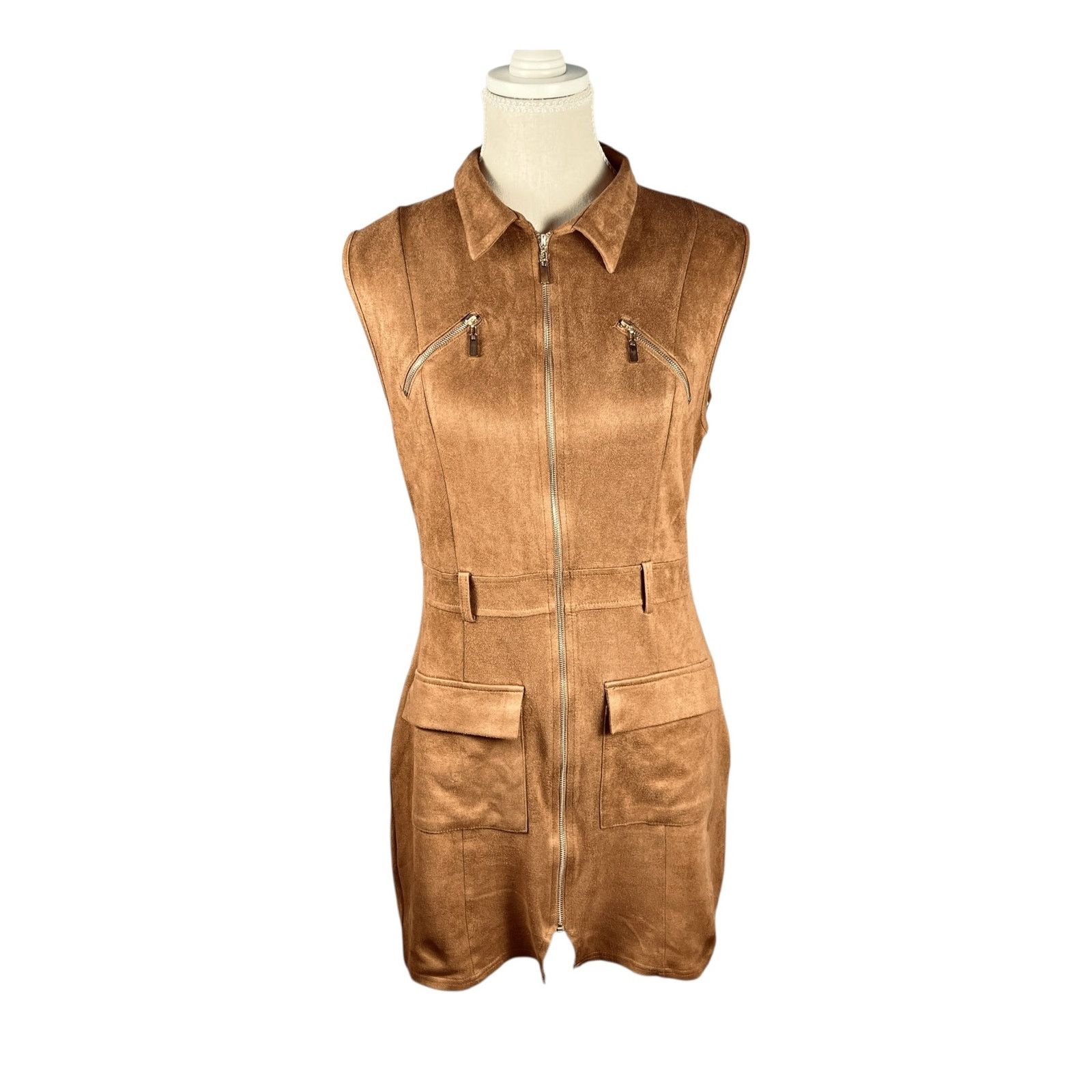 Other Retro Mod Faux Suede Zip Front Mini Dress Sienna Brown Sz L Size L / US 10 / IT 46 - 1 Thumbnail