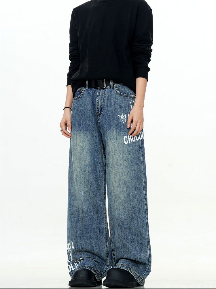 Vintage Retro men's loose casual street letter print washed jeans Size US 32 / EU 48 - 4 Thumbnail