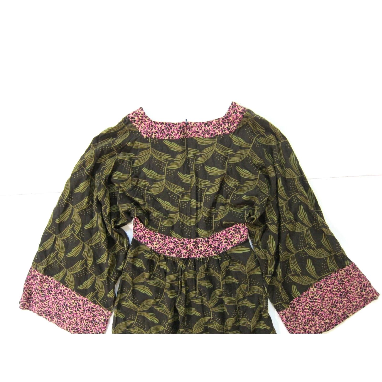 Pinko Rachel Roy Floral 100% Rayon Green Pink V-Neck Empire Dress Long Flare Sleeve Knee Length Women 2 Size XS / US 0-2 / IT 36-38 - 5 Thumbnail