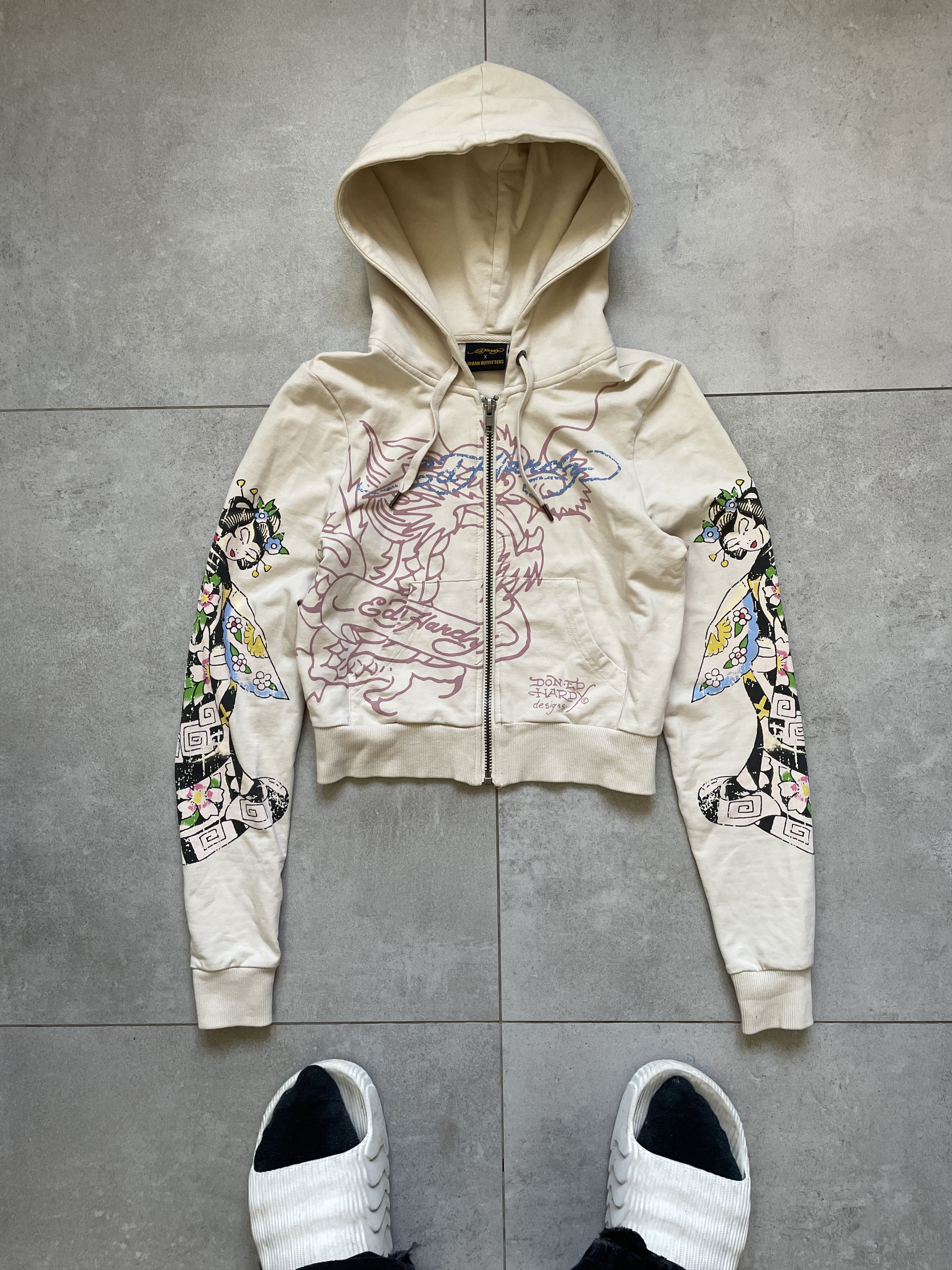 ED HARDY BY CHRISTIAN AUDIGIER Y2K BEIGE CROPPED ZIP HOODIE