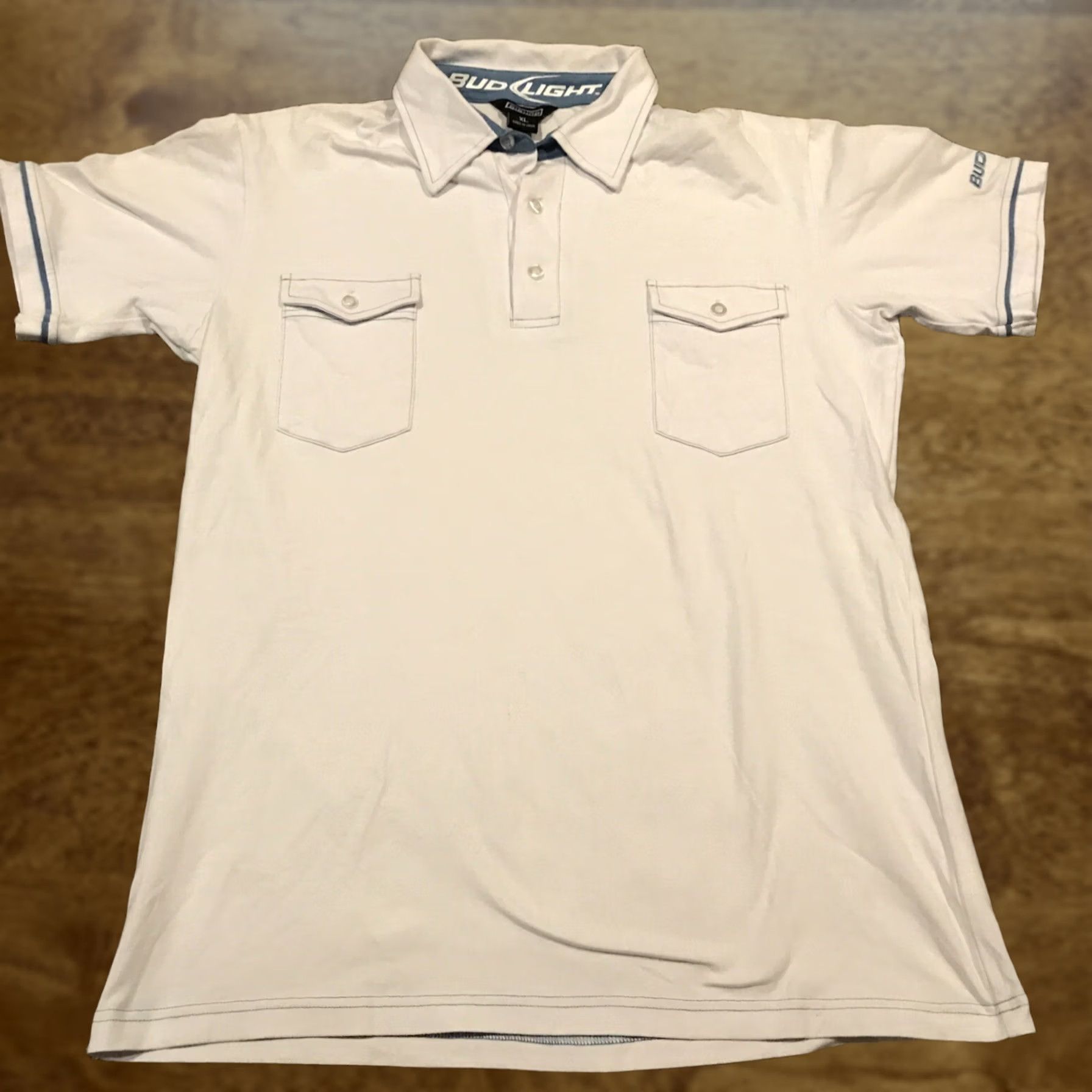 Vintage Bud Light Mens XL Polo Shirt White Bishop Style Stretch Polyester Blend Basic Casual Short Sleeve Collar Mens XL White Size US XL / EU 56 / 4 - 1 Thumbnail