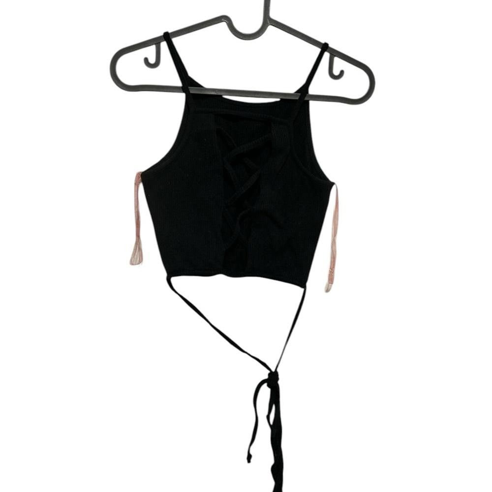 Designer Black sexy Ribbed Lace-Up Crop Top Size S / US 4 / IT 40 - 1 Thumbnail