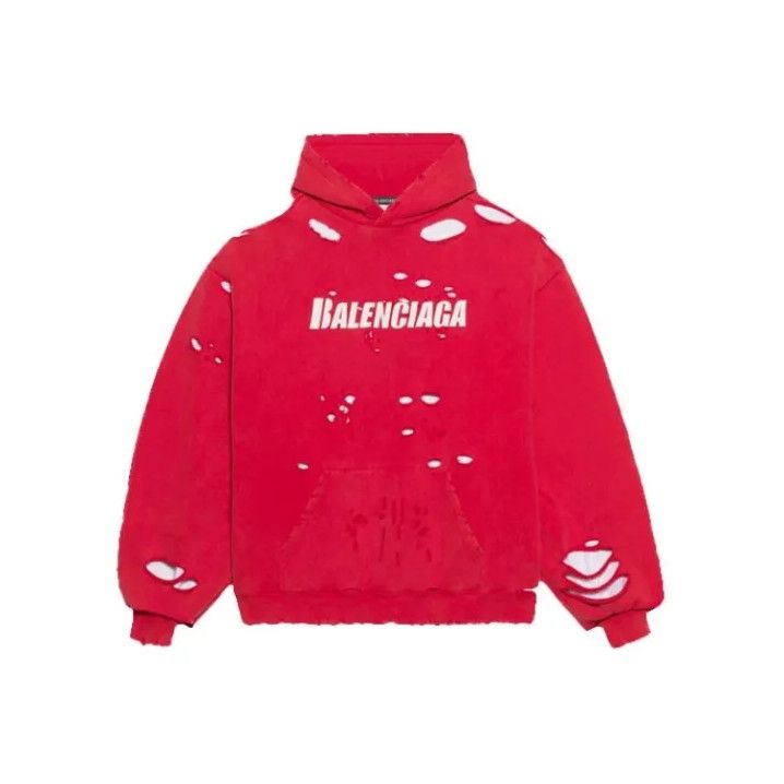 Balenciaga Balenciaga Classic Distressed Red Hooded Sweatshirt Size US XXS / EU 40 - 1 Thumbnail