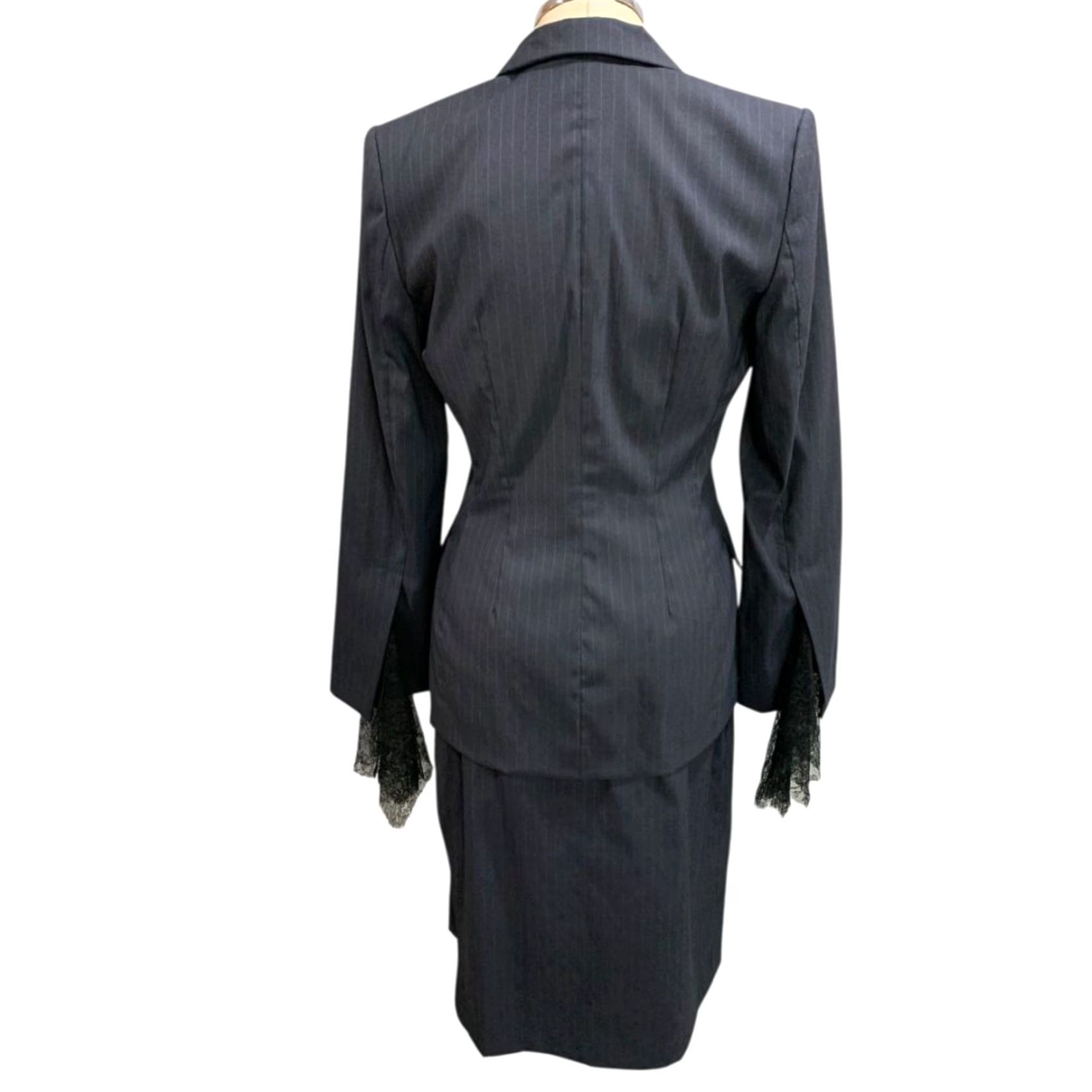 Vintage VINTAGE Marcel Marongiu Skirt Suit Black Pinstripe Lace Trim Size 38 Women Size 26" / US 2 / IT 38 - 6 Thumbnail
