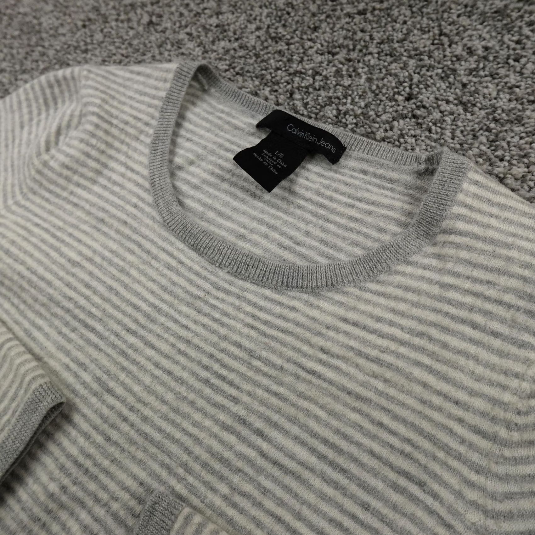 Calvin Klein Calvin Klein Sweater Womens L Gray Stripe Crewneck Knit Top Pullover Wool Blend Shirt Size L / US 10 / IT 46 - 2 Thumbnail