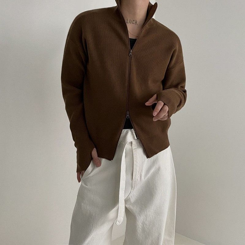 image of Brown Full Zip Cardigan Sweater, Men's (Size Medium)