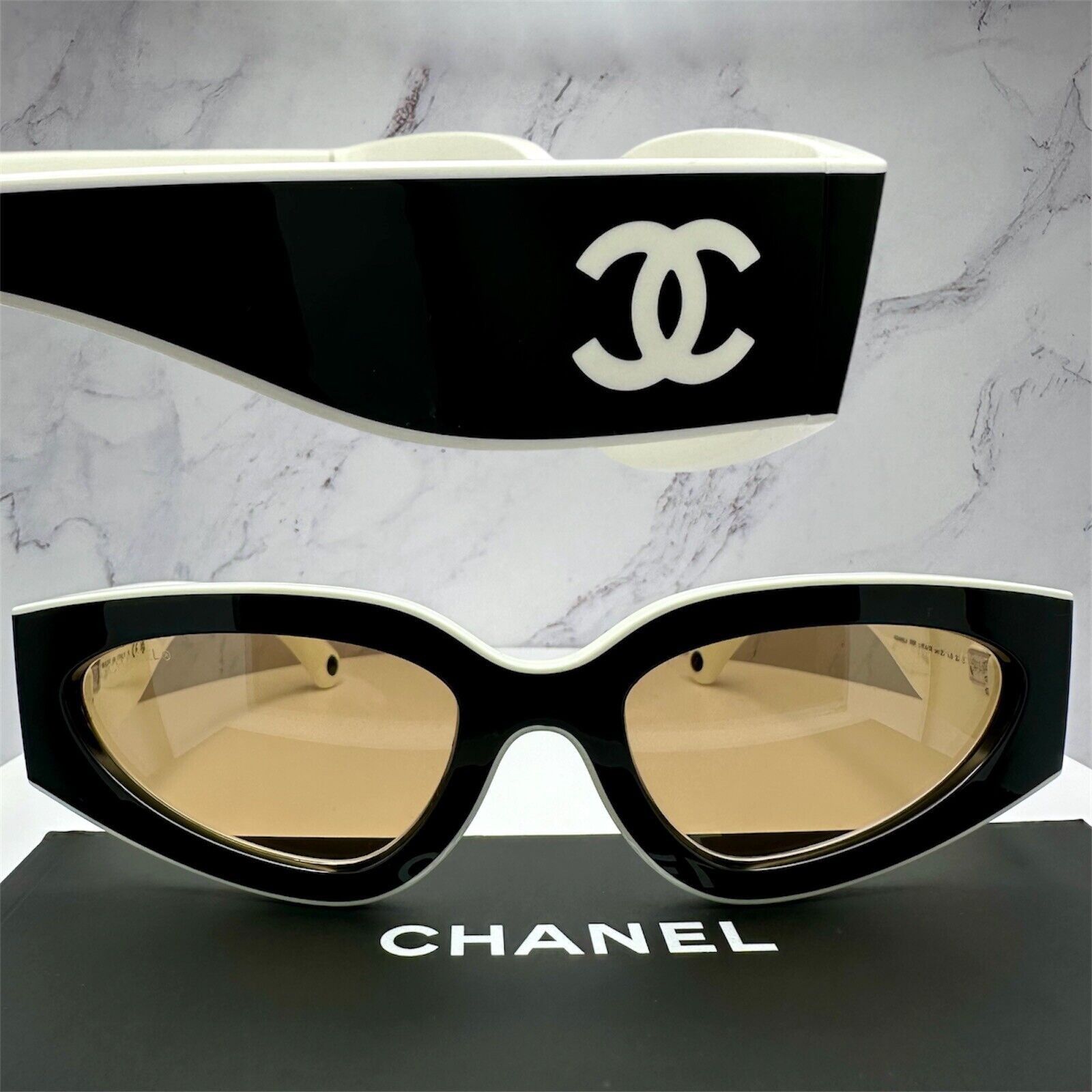 New CHANEL Black White Cat Eye Sunglasses CC Logo Authentic
