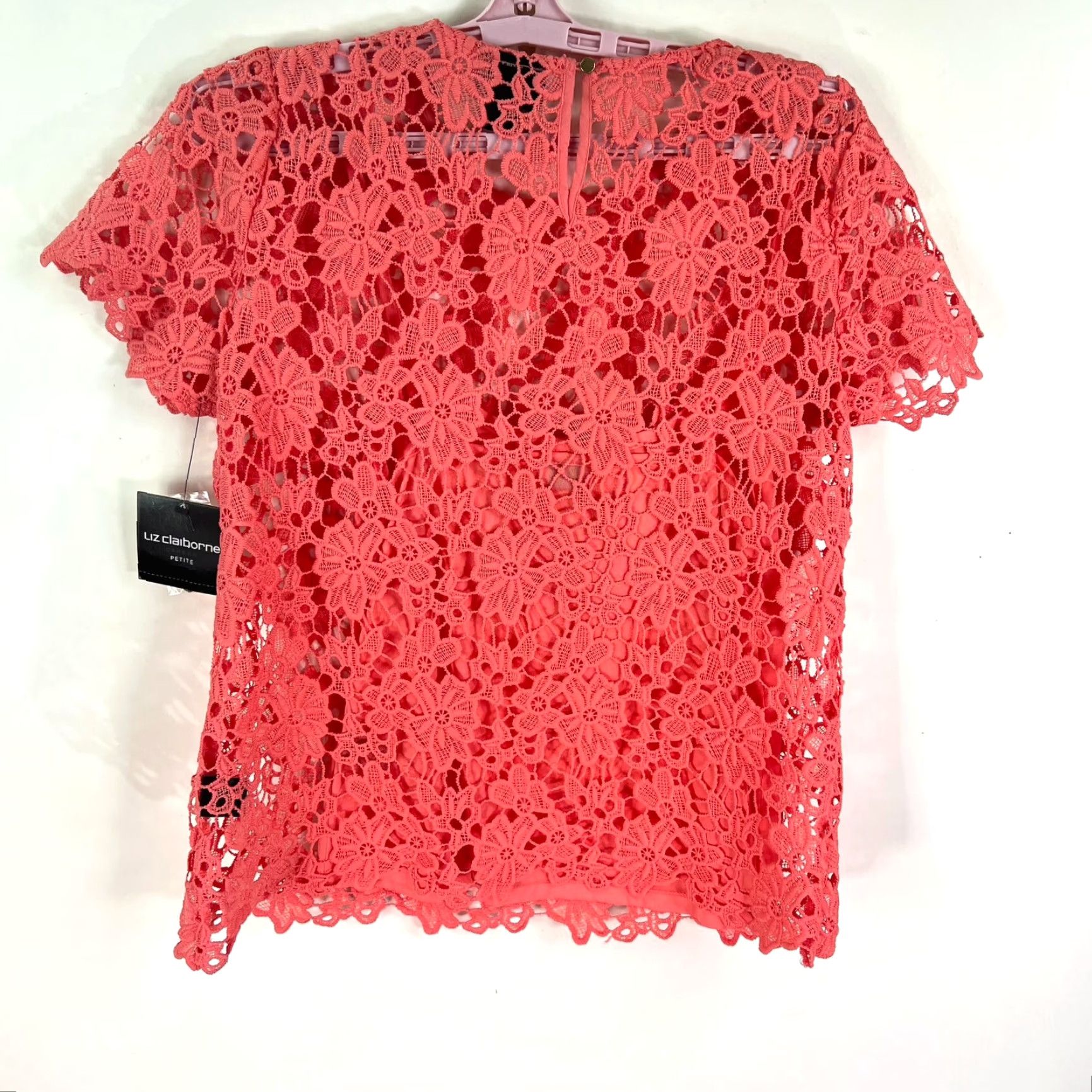 Liz Claiborne Liz Claiborne Top Blouse PS Coral Short Sleeve Lace Floral Lined Knit Polyester Satin? Size S / US 4 / IT 40 - 7 Thumbnail