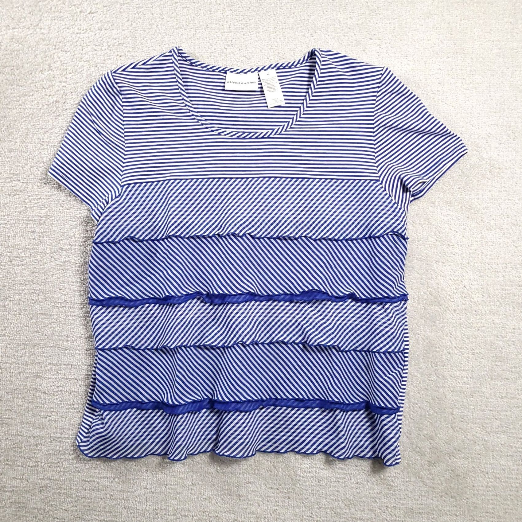 Vintage VINTAGE Alfred Dunner Womens Blue Shirt Striped Short Sleeve Stretch Scoop Neck Ruffled Size M / US 6-8 / IT 42-44 - 2 Thumbnail