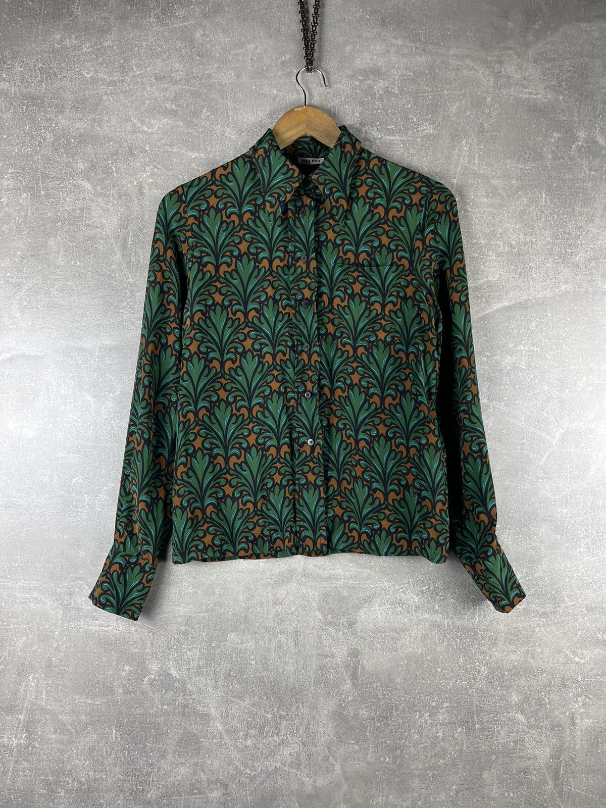 Miu Miu Miu Miu 100% SILK Baroque Print Button Up Shirt Green Brown Size S / US 4 / IT 40 - 1 Thumbnail